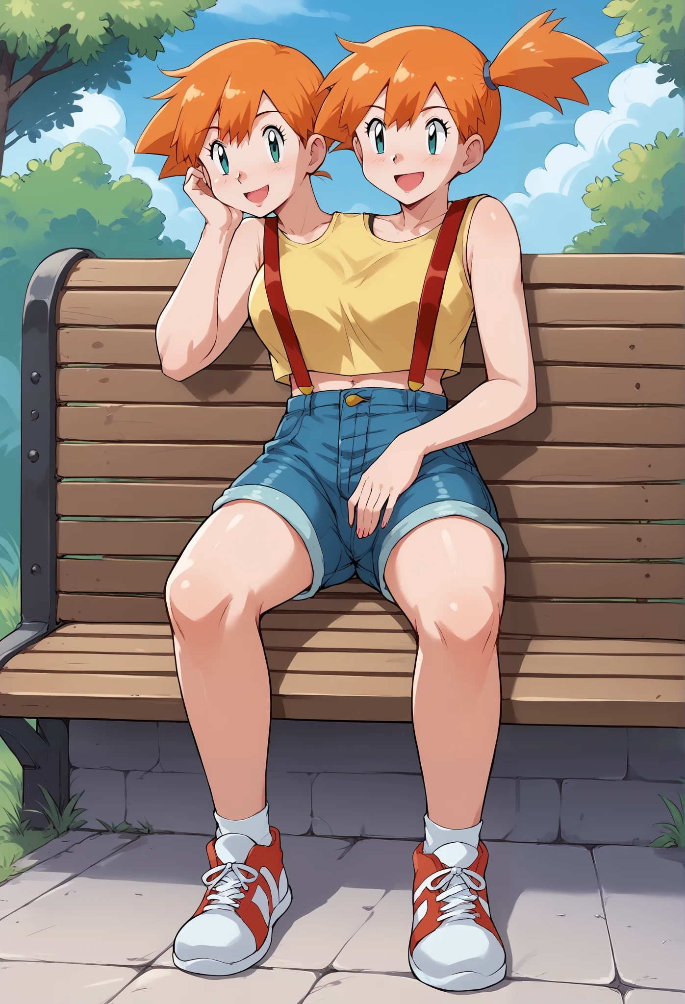 Sitting down, greyscale, manga, 1girl(misty \(pokemon\), conjoined, two heads, orange hair, aqua eyes, side ponytail, yellow tank top, red suspenders, denim shorts, white sneakers