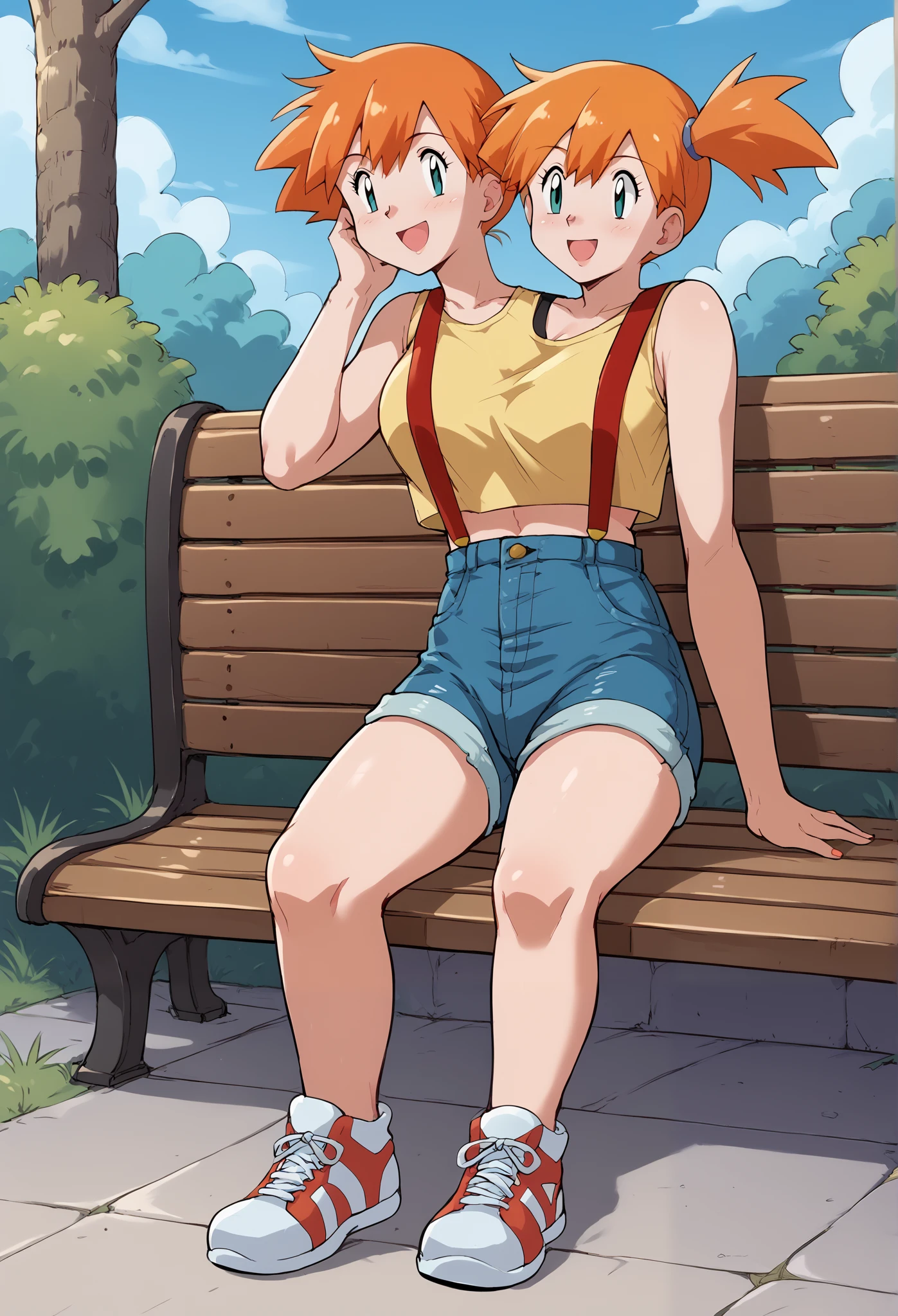 Sitting down, greyscale, manga, 1girl(misty \(pokemon\), conjoined, two heads, orange hair, aqua eyes, side ponytail, yellow tank top, red suspenders, denim shorts, white sneakers