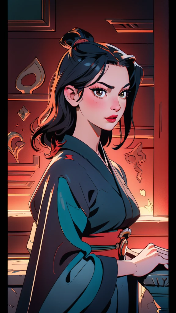 ultra-realistic 8k CG, masterpiece, ((ultra detailed background, fine drawing, intricate details, high detail, better quality fine details, hyper-detailed face)), (photorealistic: 1.4), beautiful lighting, absurdity, RAW photo, film grain, Azula, 1girl, solo, black hair, brown eyes, makeup, lipstick, red lips, single hair bun, navel, side strands, hair decoration, ((medium breasts, slim girl)), ((open kimono, Chinese clothing)), ((intricately detailed background, inside, dim lighting, moody lighting, inside the castle, castle wall, inside, medieval castle environment))
