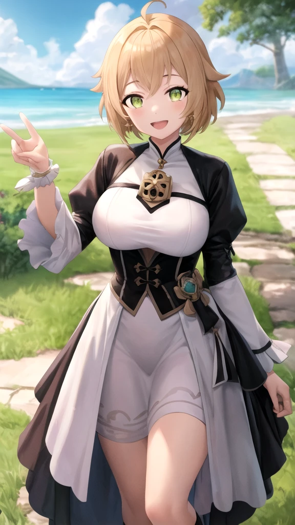(((masterpiece; best quality: 1.2))), (finely detailed eyes: 1.3), (25 year old elf woman), (solo), (green eyes: 1.4), (body; lithe, fit, femenine: 1.3), (silky blonde hair in low ponytail: 1.3), (beautiful and clear background: 1.2), ((depth of field)), (equipment: adventurer attire + modest + long white tunic-coat + black longskirt + gloves + belt + pouches: 1.3), (anime illustration: 1.2), (background composition; royal garden: 1.1), (extremely fine and beautiful: 1.1), (shot composition; standing + centered on torso + close-up: 1.5), (expression; calm, smile: 1.2)