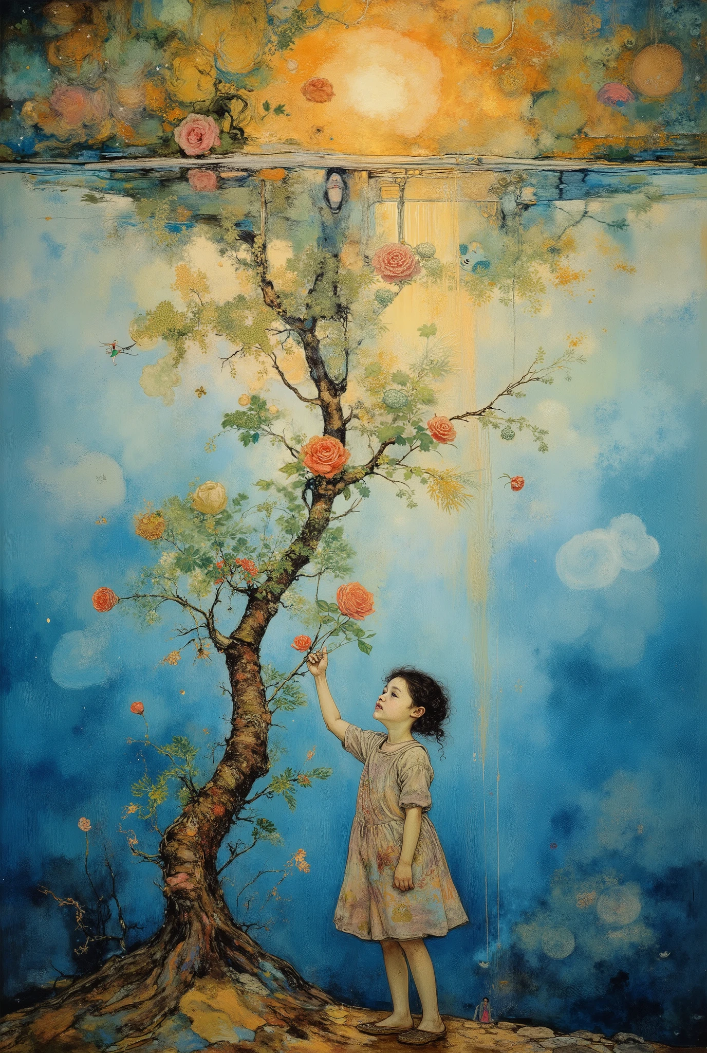 an illustration of an inverted world where a young girl reaches for a rose growing from an upside-down tree, whose roots are anchored in the clouds and branches nearly touch the ground, inspired by Hayao Miyazaki, soft pastel tones, the girl’s expression is one of innocent wonder, dreamy lighting, surreal and whimsical atmosphere --v 5 --stylize 1000