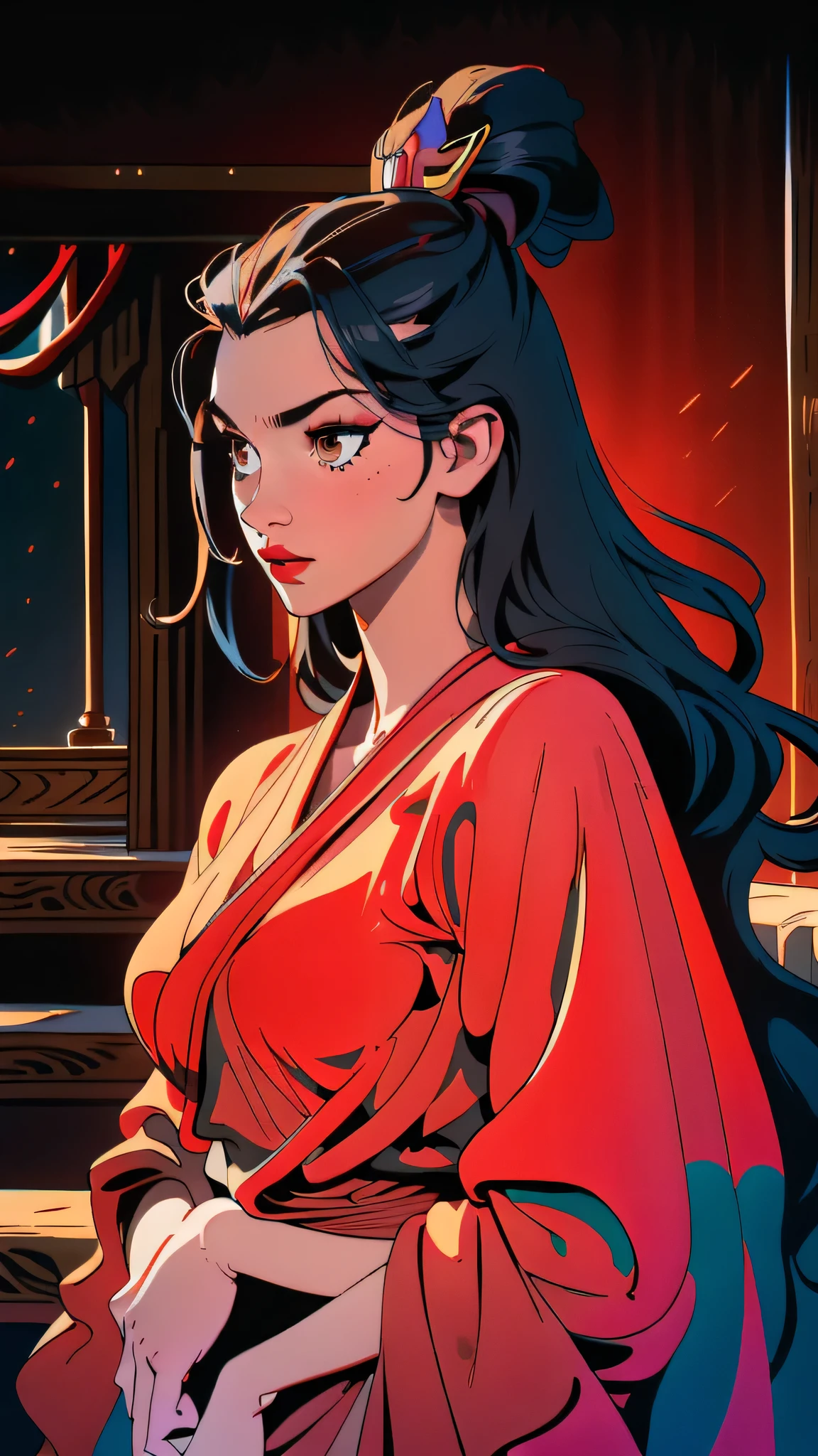 ultra-realistic 8k CG, masterpiece, ((ultra detailed background, fine drawing, intricate details, high detail, fine details of better quality, hyper-detailed face)), (photorealistic: 1.4), beautiful lighting, absurdity, RAW photo, film grain, Azula, 1girl, solo, black hair, brown eyes, makeup, lipstick, red lips, single tuft of hair, navel, side strands, hair decoration, ((medium breasts, slim girl, on the chest, a lot of,, on the face)), ((unbuttoned kimono)), ((complex detailed background, inside, dim lighting, capricious lighting, inside the castle, castle wall, inside, medieval castle environment)), erotica