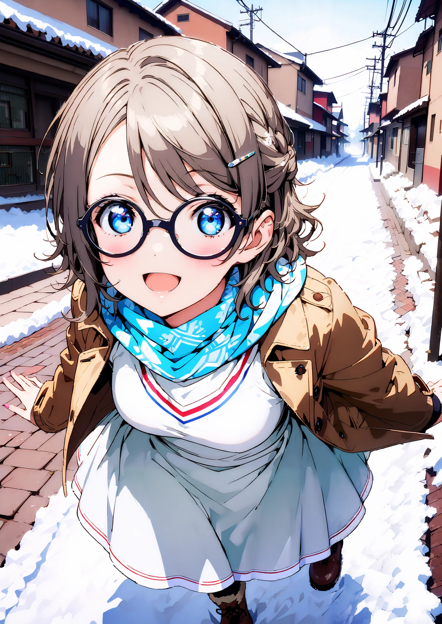  score_9,  score_8_up,  score_7_up, Alone, 1 girl, Watanabe,  short hair,Medium breast,half updo,Glasses,smile,opens her mouth,white breath,blush, duffle coat,(sweater  :1.2),( turtleneck:1.2),blue scarf , white long skirt,shoes, snow boots ,snow,morning,standing,full bodyがイラストに入るように,
break outdoors, residential area,
break looking at viewer,full body,
break (masterpiece:1.2),Highest quality , kampala, Unity 8K Wallpaper ,(shape:0.8),(  fine, beautiful eyes  :1.6),It's a person ,full body写真,CG Details , (perfect hands, complete anatomy),