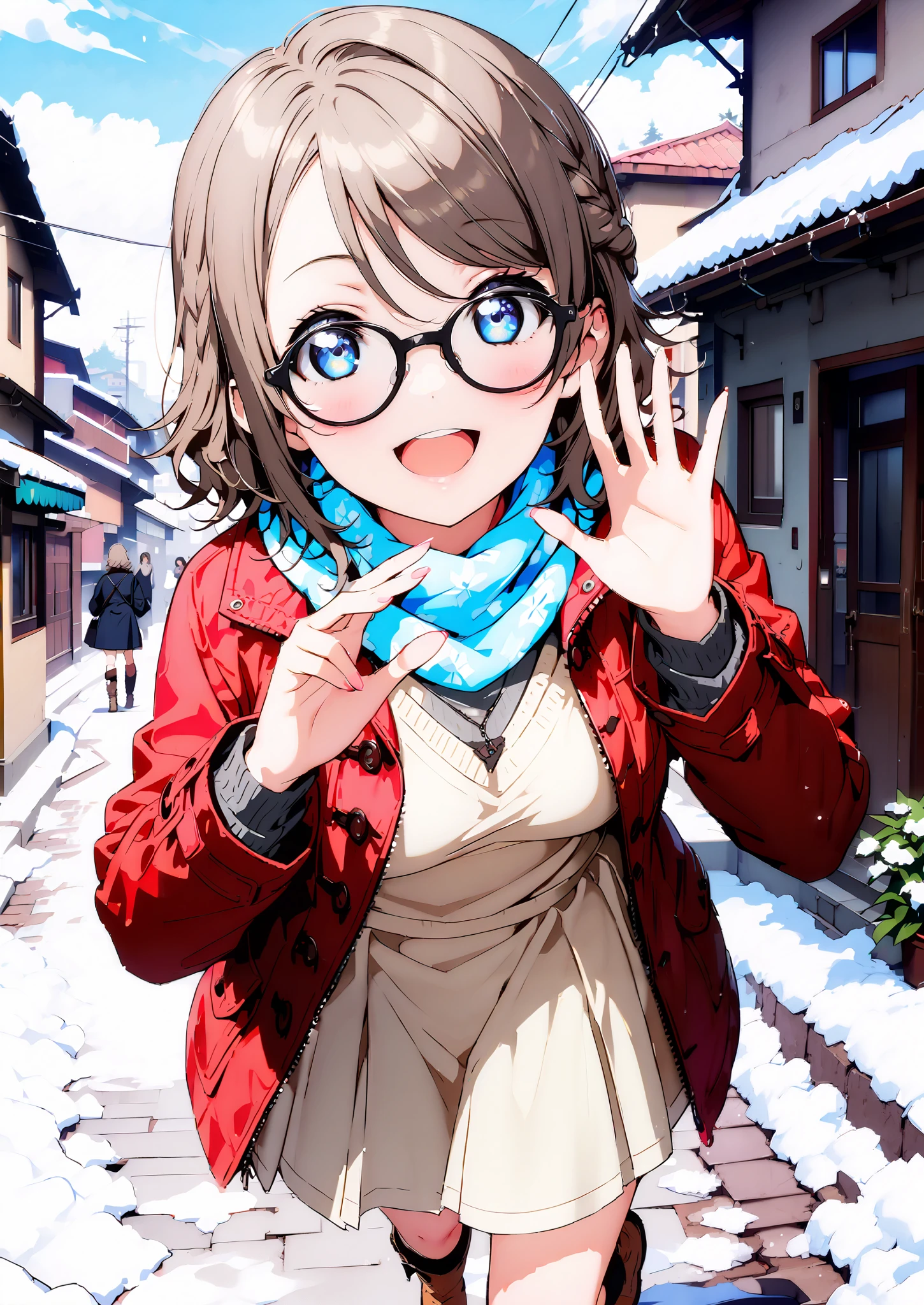 score_9, score_8_up, score_7_up, Alone, 1 girl, Watanabe, short hair,Medium breast,half updo,Glasses,smile,opens her mouth,white breath,blush, duffle coat,(sweater :1.2),( turtleneck:1.2),blue scarf , white long skirt,shoes, snow boots ,snow,morning,standing,full bodyがイラストに入るように,
break outdoors, residential area,
break looking at viewer,full body,
break (masterpiece:1.2),Highest quality , kampala, Unity 8K Wallpaper ,(shape:0.8),( fine, beautiful eyes :1.6),It's a person ,full body写真,CG Details , (perfect hands, complete anatomy),