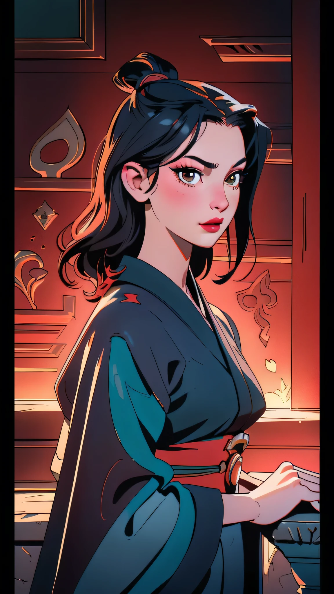 ultra-realistic 8k CG, masterpiece, ((ultra detailed background, fine drawing, intricate details, high detail, fine details of better quality, hyper-detailed face)), (photorealistic: 1.4), beautiful lighting, absurdity, RAW photo, film grain, Azula, 1girl, solo, black hair, brown eyes, makeup, lipstick, red lips, single tuft of hair, navel, side strands, hair decoration, ((medium breasts, slim girl, on the chest, a lot of,, on the face)), ((unbuttoned kimono)), ((complex detailed background, inside, dim lighting, capricious lighting, inside the castle, castle wall, inside, medieval castle environment)), erotica