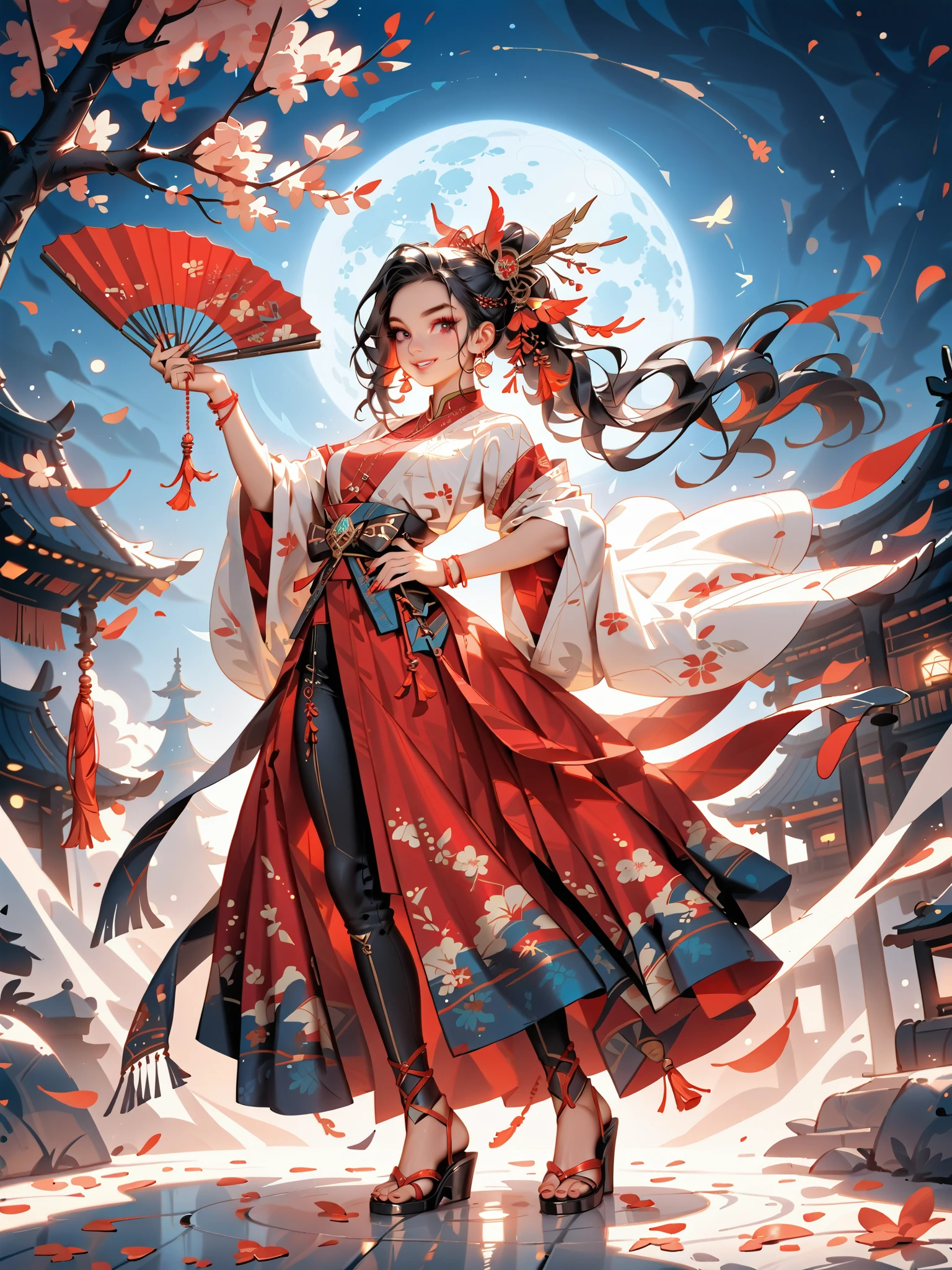 dynamic pose(Foldable Silk Fanを優雅に開き、dancing Japanese dance,)Beautiful age girl illuminated by the moon(A deep smile, black hair,slender figure,supple and curved proportions that glow in Prism School's rainbow colors）A large amount of rainbow-colored particles swirl around the center。
(Foldable Silk Fan)、(Sumptuous gold thread embroidered cherry blossoms and auspicious patterns、The finest red silk kimono、)Gold-embellished hairpin、Sandals。
Weeping cherry blossoms 、Cherry blossom petals soar in large numbers,Jet black night sky 、starry sky。
An anime picture that looks like it was drawn by a top illustrator。
