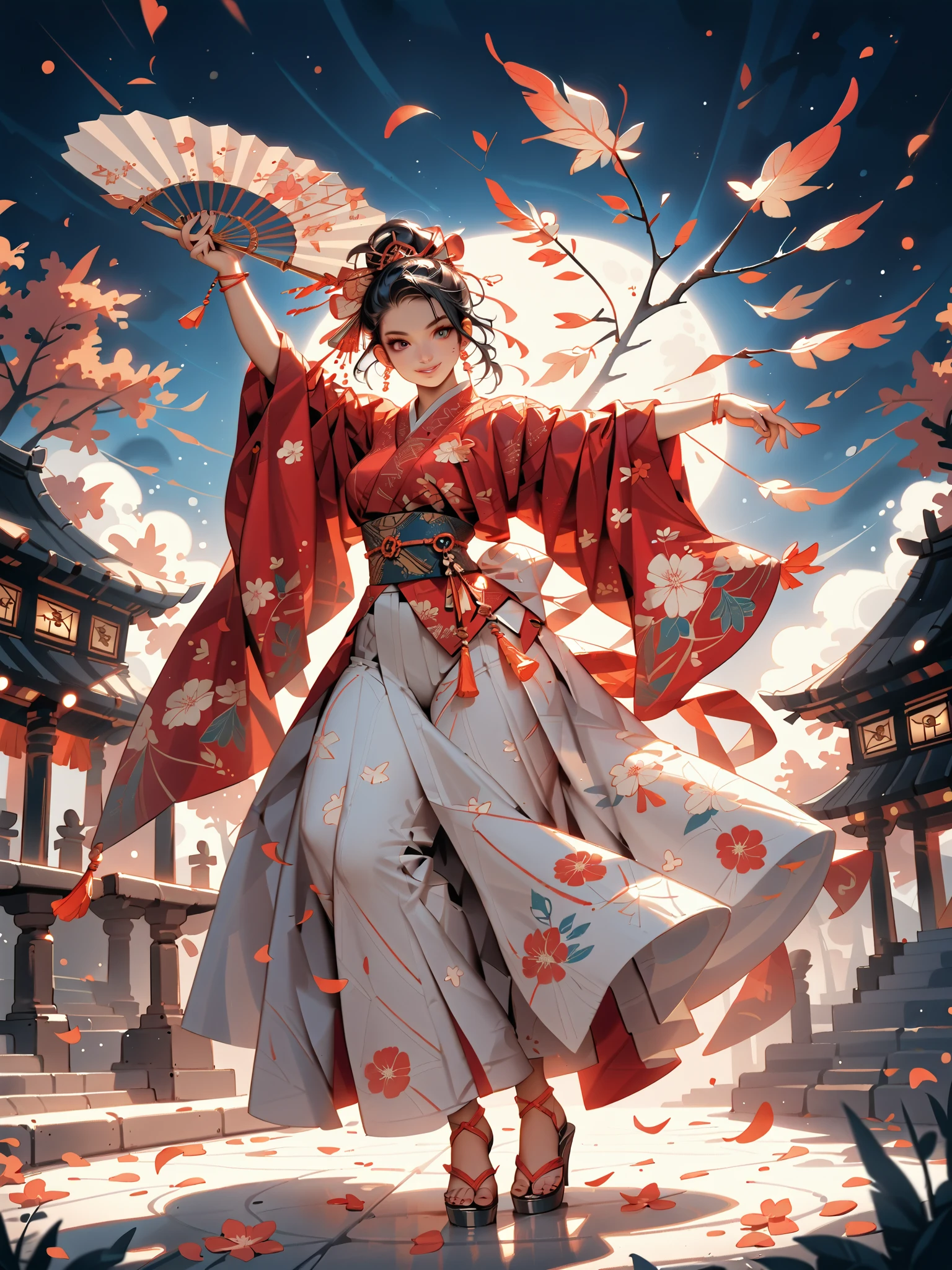 dynamic pose(Foldable Silk Fanを優雅に開き、dancing Japanese dance,)Beautiful age girl illuminated by the moon(A deep smile, black hair,slender figure,supple and curved proportions that glow in Prism School's rainbow colors）A large amount of rainbow-colored particles swirl around the center。
(Foldable Silk Fan)、(Sumptuous gold thread embroidered cherry blossoms and auspicious patterns、The finest red silk kimono、)Gold-embellished hairpin、Sandals。
Weeping cherry blossoms 、Cherry blossom petals soar in large numbers,Jet black night sky 、starry sky。
An anime picture that looks like it was drawn by a top illustrator。
