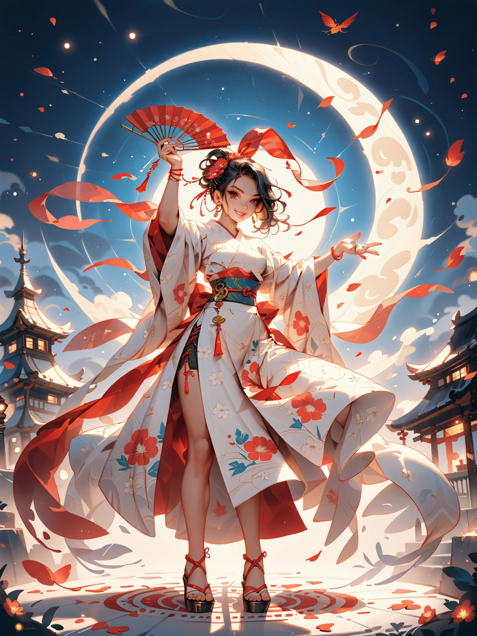 dynamic pose(Foldable Silk Fanを優雅に開き、dancing Japanese dance,)Beautiful age girl illuminated by the moon(A deep smile, black hair,slender figure,supple and curved proportions that glow in Prism School's rainbow colors）A large amount of rainbow-colored particles swirl around the center。
(Foldable Silk Fan)、(Sumptuous gold thread embroidered cherry blossoms and auspicious patterns、The finest red silk kimono、)Gold-embellished hairpin、Sandals。
Weeping cherry blossoms 、Cherry blossom petals soar in large numbers,Jet black night sky 、starry sky。
An anime picture that looks like it was drawn by a top illustrator。
