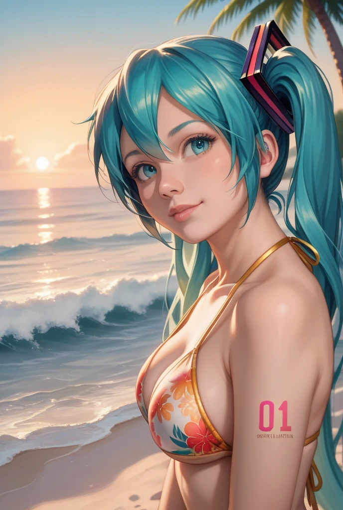 Anime girl in a thong, huge ass, big breasts, tanned brown skin, fit body, from behind, blushed face, sexy face, blue and orange panties, blue and orange bra, by a pool, long blue and black striped hair, blue eyes, hoop earrings, armlets, sexy