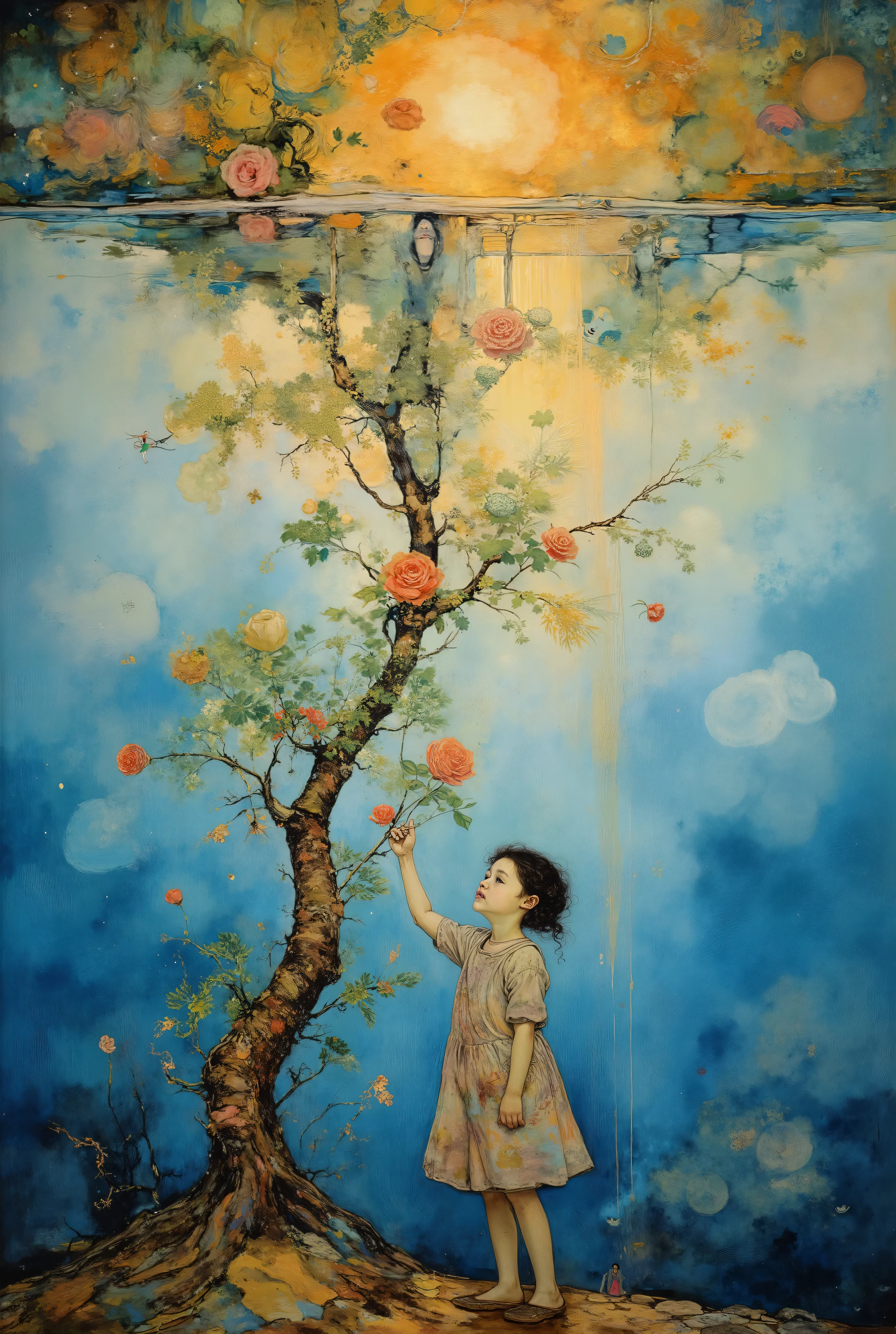 an illustration of an inverted world where a young girl reaches for a rose growing from an upside-down tree, whose roots are anchored in the clouds and branches nearly touch the ground, inspired by Hayao Miyazaki, soft pastel tones, the girl’s expression is one of innocent wonder, dreamy lighting, surreal and whimsical atmosphere --v 5 --stylize 1000
