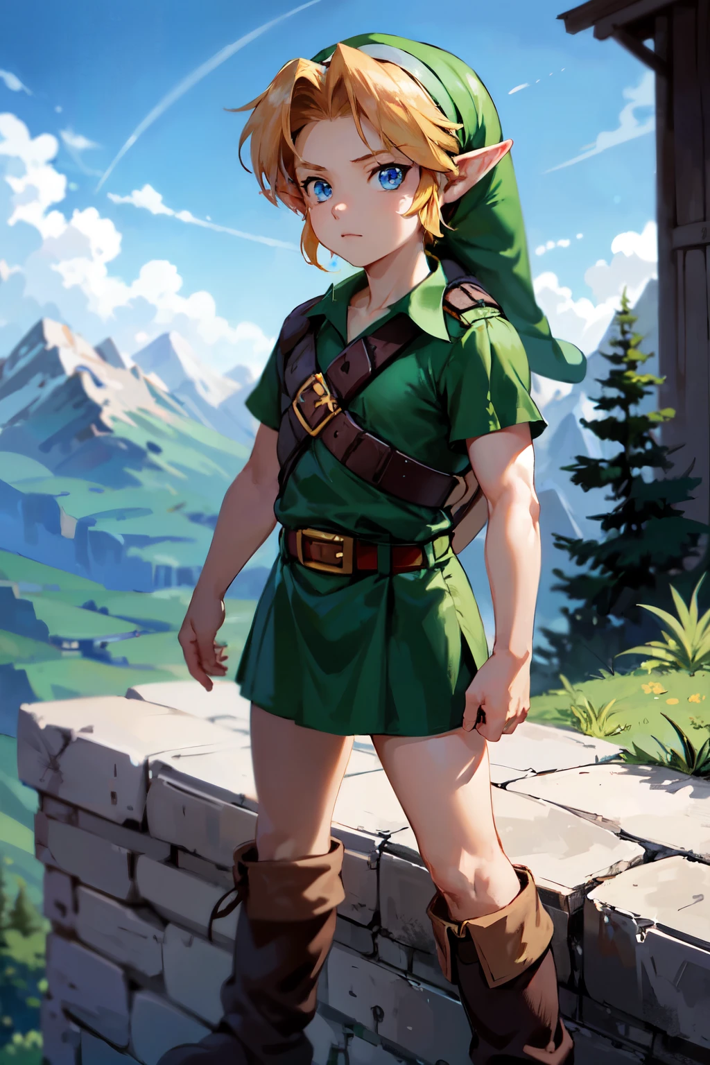 young link, Chico, by rubio, blue eyes, has, pointy ears, ((blue tunic, belt, Boots)), looking at the viewer, outside, mountain, mountain way extreme detail, HdR, beautiful quality, masterpiece, close up, upper body
