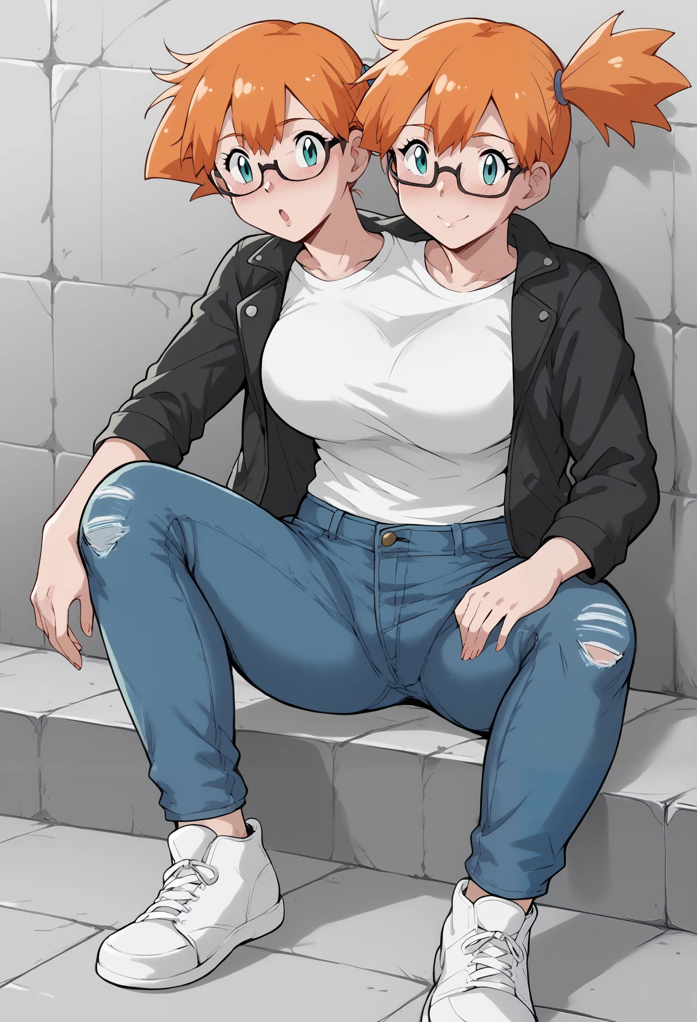 Sitting down, greyscale, manga, 1girl(misty \(pokemon\), conjoined, glasses, two heads, orange hair, aqua eyes, side ponytail, black jacket, white t-shirt, denim jeans, white sneakers