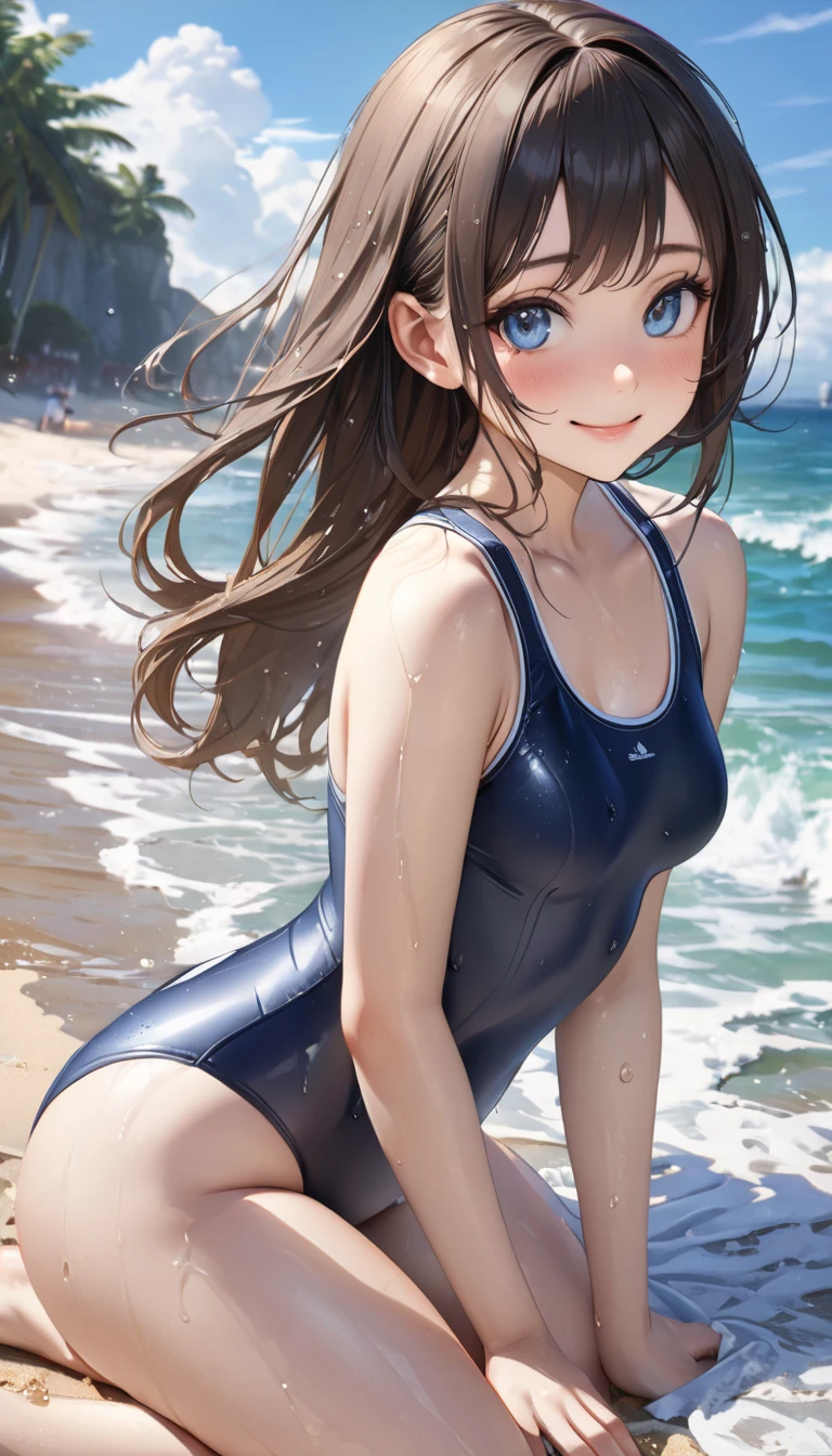 ((top-quality))、((​masterpiece))、1girl in、Formal-up、beautiful detailed eyes and face、pretty skin、a very cute、22year old、School swim wear(darkblue、Simple design、Matte texture、Realistic、Wrinkle、Glossy polyester material、A black、shadings、)Wet body、Anime Face、Beautie、Facing the front、big eye(Beautiful fece、Anime Face、Clear eyes、Fine details、Beautiful eyes)Well-formed face(Beautiful nasal muscles、Perplexed、sharp mouth)full of sweat、sodden、Wet feeling、Background with(sunny sky、takeout)、8K picture quality、perfectly proportions、A slender、red blush、female focus on, hair adornments,length hair, Look at viewers,