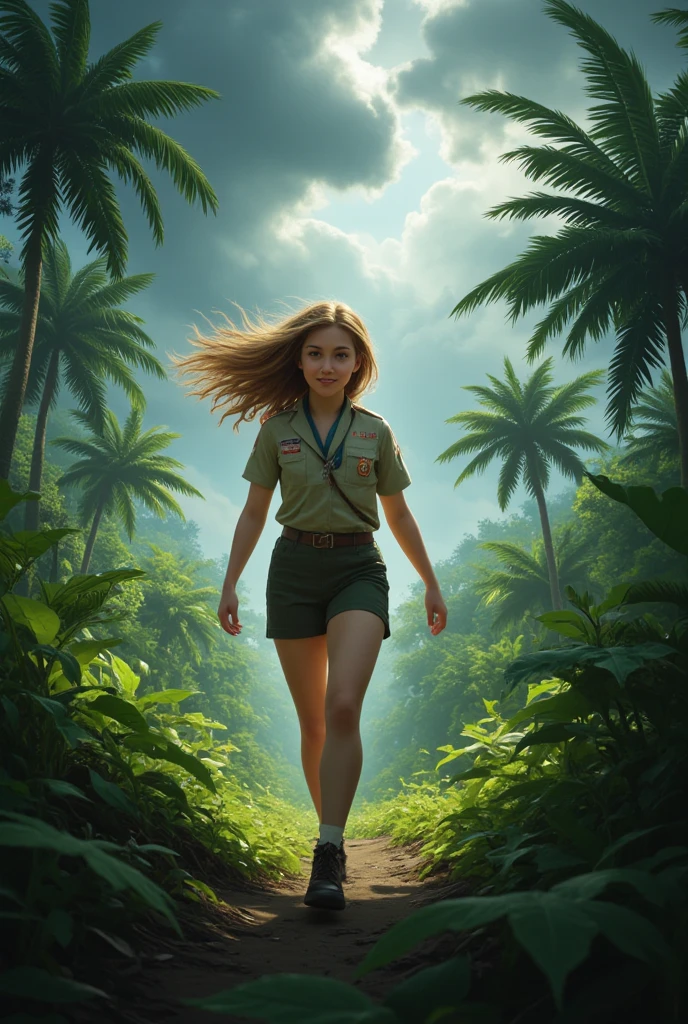 young  scout with a bright, determined smile strides confidently through a dense jungle, braving a fierce windstorm. Her long hair streams wildly behind her, caught in the gusts, while her scout uniform flutters dramatically in the wind. The lush greenery of the jungle surrounds her, with tall trees bending slightly under the force of the storm. Leaves and small branches are swept up into the air, adding to the dynamic scene. The sky above is a tumultuous mix of dark storm clouds, casting a dramatic light over the landscape. Despite the challenging weather, the scout's expression is one of adventure and resilience, embodying a spirit of courage and exploration.