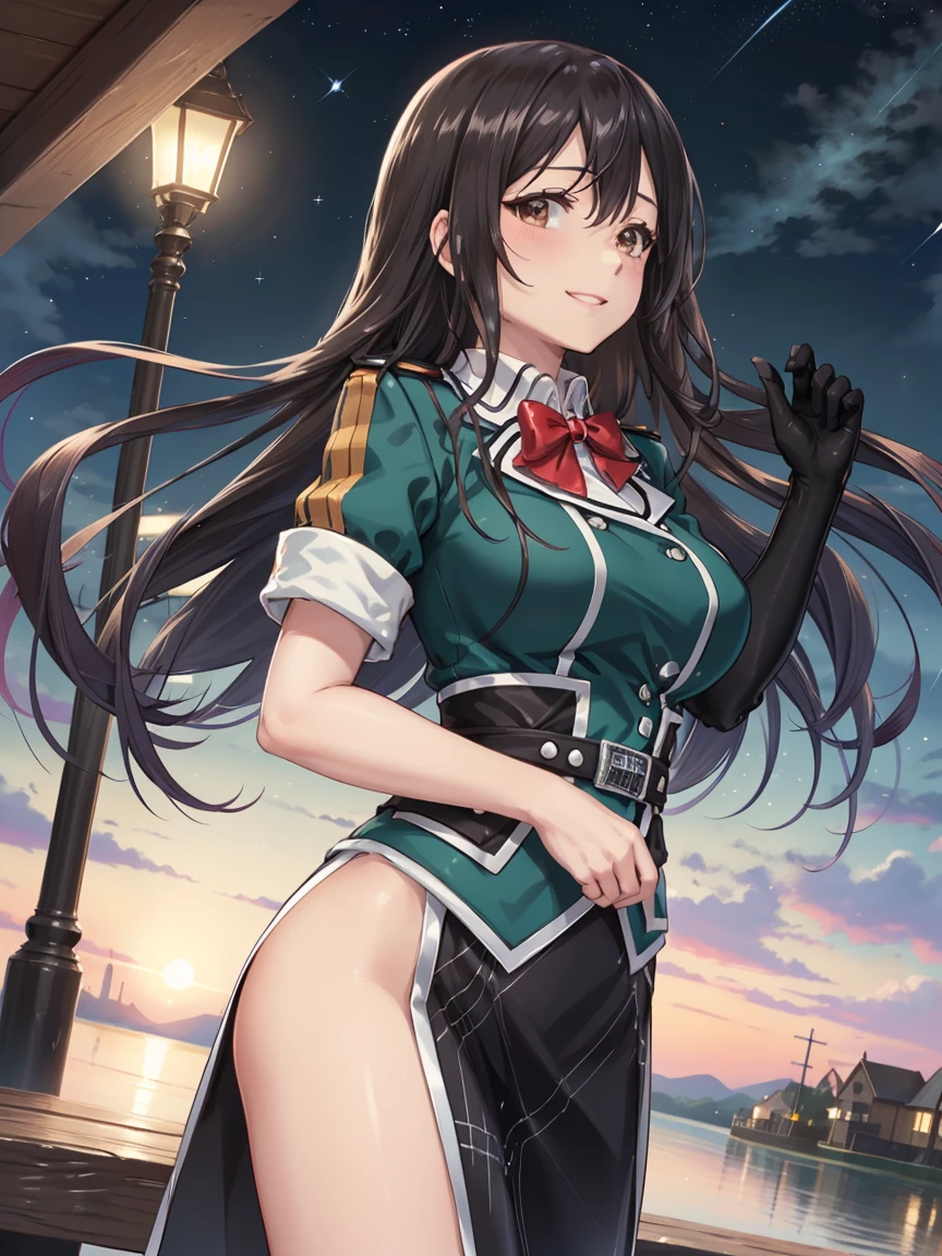 masterpiece, best quality, 1girl, solo, long hair, looking at viewer, blush, black hair, yellow eyes, hair bun, double bun, cape, circle cut, cleavage, cross, dress, fingerless gloves, gloves, hat, small breasts, solo, star \(symbol\), star print, thighhighs, teria_wang, outdoor
