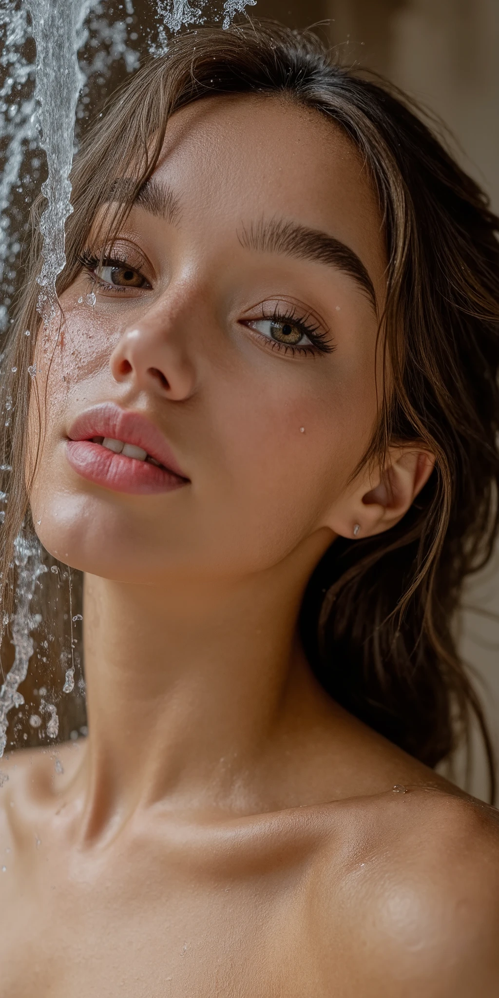 (((Full body:1.6))) Hyper realistic eye level exterior photo Create a photorealistic, healthy female model in her early 20s. Water cascades onto her hair and face, leaving glistening droplets and streams elegantly flowing down her skin. She wears a subtle, satisfied smile, exuding contentment and freshness. Use soft, natural lighting to capture the rejuvenating atmosphere of the scene.