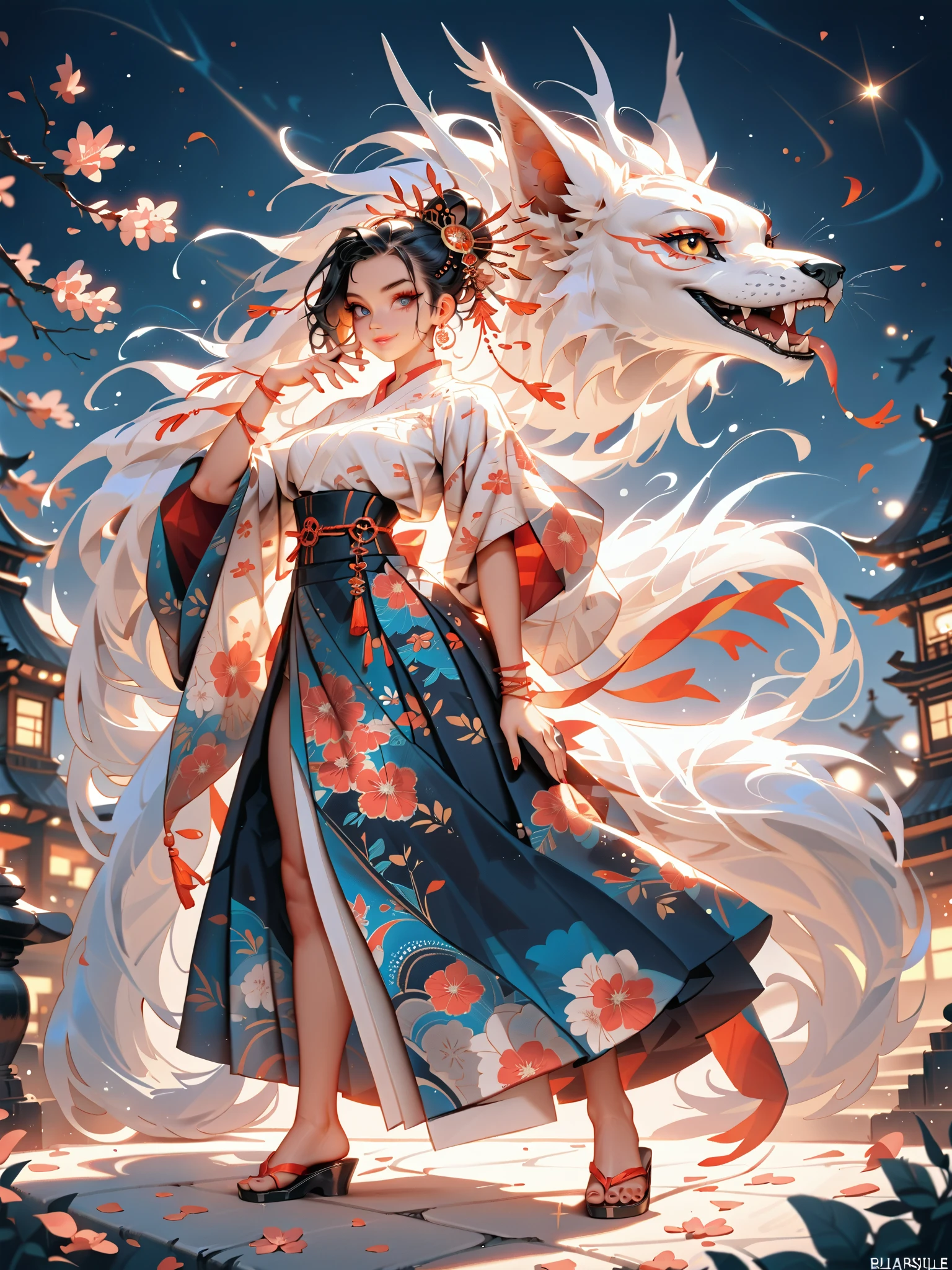 dynamic pose(Foldable Silk Fanを優雅に開き、dancing Japanese dance,)Beautiful age girl illuminated by the moon(A deep smile, black hair,slender figure,supple and curved proportions that glow in Prism School's rainbow colors）A large amount of rainbow-colored particles swirl around the center。
(Foldable Silk Fan)、(Sumptuous gold thread embroidered cherry blossoms and auspicious patterns、The finest red silk kimono、)Gold-embellished hairpin、Sandals。
Weeping cherry blossoms 、Cherry blossom petals soar in large numbers,Jet black night sky 、starry sky。
An anime picture that looks like it was drawn by a top illustrator。
