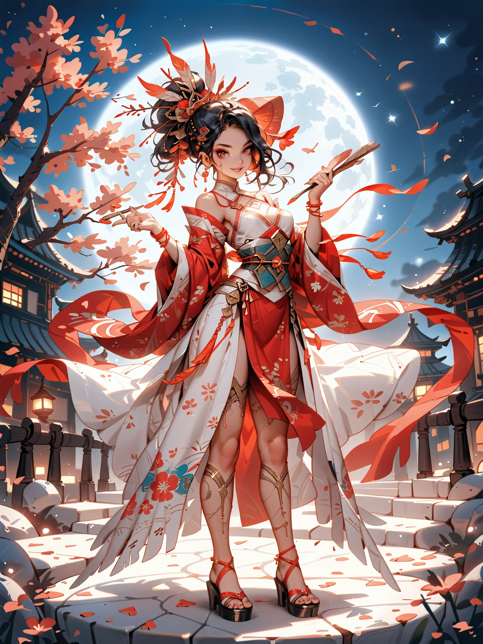 dynamic pose(Foldable Silk Fanを優雅に開き、dancing Japanese dance,)Beautiful age girl illuminated by the moon(A deep smile, black hair,slender figure,supple and curved proportions that glow in Prism School's rainbow colors）A large amount of rainbow-colored particles swirl around the center。
(Foldable Silk Fan)、(Sumptuous gold thread embroidered cherry blossoms and auspicious patterns、The finest red silk kimono、)Gold-embellished hairpin、Sandals。
Weeping cherry blossoms 、Cherry blossom petals soar in large numbers,Jet black night sky 、starry sky。
An anime picture that looks like it was drawn by a top illustrator。
