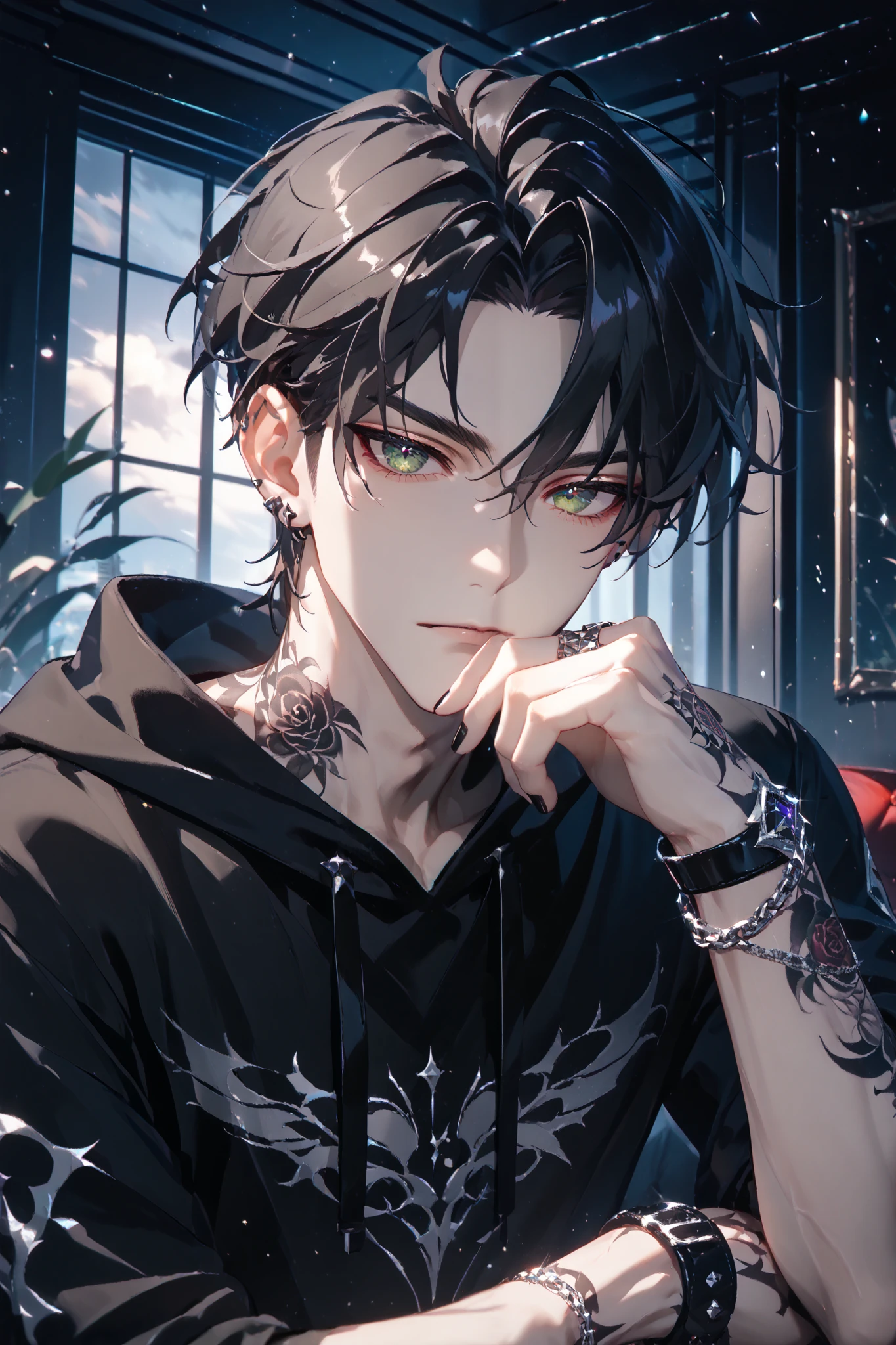 portrait, solo, 1boy, dark emerald eyes ((Eyes with high detail, no defects, pupils of equal size)), goth, loving gaze, pale skin, handsome, black hair, short wolfcut, black earings, black plain hoodie, black nails, chain bracelets, toned, veiny hands, black rose tattoo on wrist, modern apartment, living room, dark decor, indoors, cloudy, evening, particles, fractal, best quality, 8k, highres, masterpiece, ultra-detailed, dramatic lighting,
