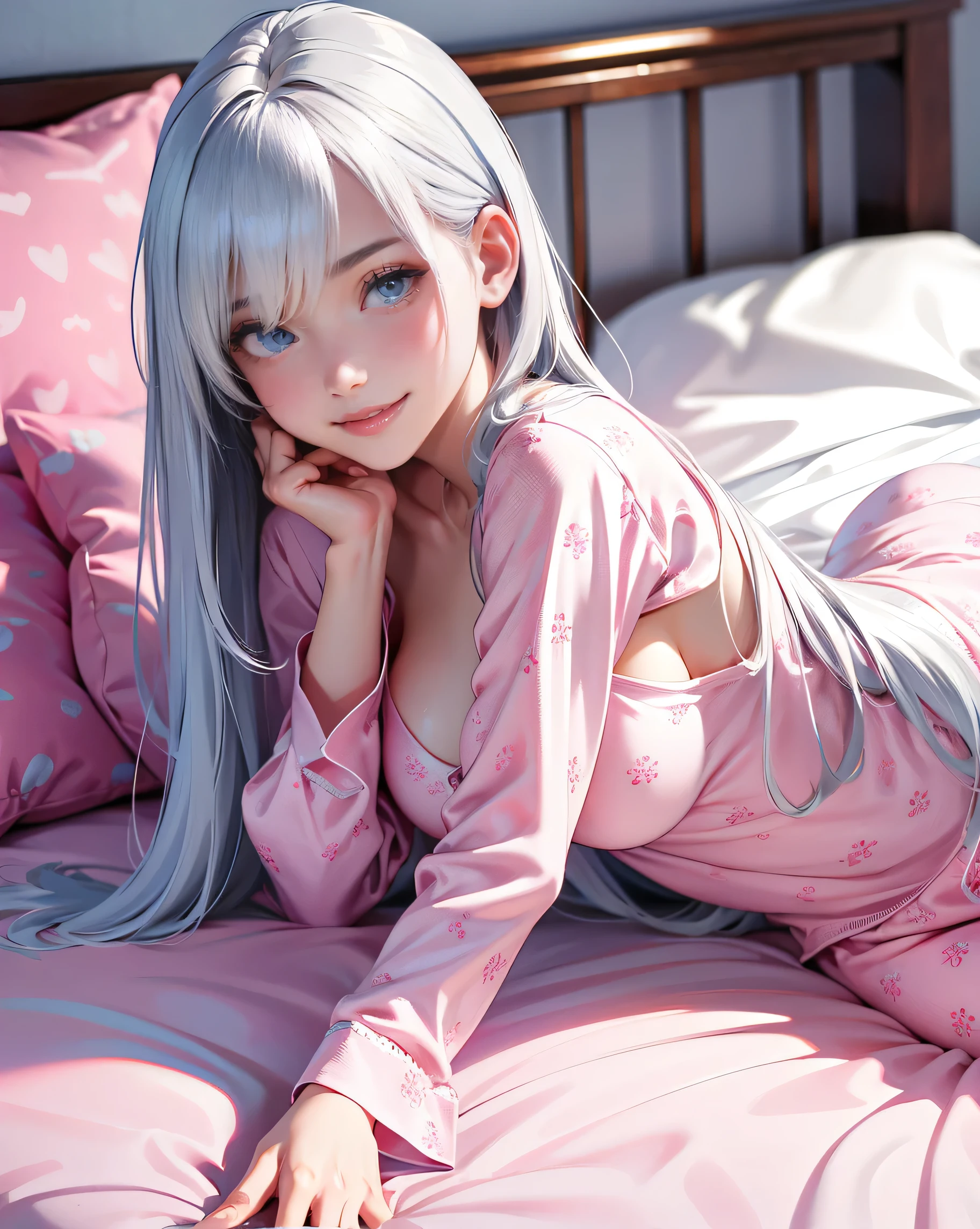 Kissing Face、Realistic、anime、Big eyes、Strong sexual desire、リアルanimeスタイル、エロanime、Face it head on、bed、bedルーム、Sit sloppily、disheveled pajamas、Open the chest、Place your hands on your chest、looking at the camera、Close ~ eyes、blush、Show your chest、short hair、mole