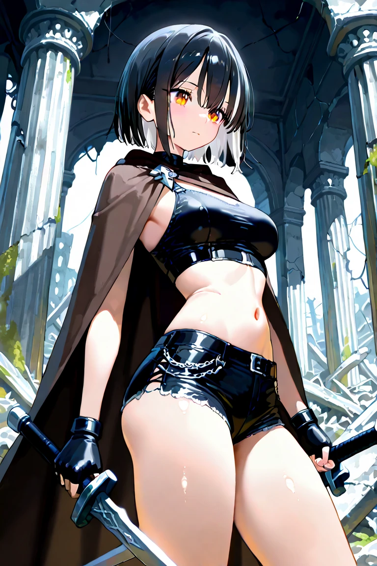 (((1 Woman with a belt with a sword and a backpack on her back, with a mini blouse with a fir zipper, with white panties)),((black hair)),((eyes close)),((bare breasts and protruding and very small)),((standing with hands in the air, in a medieval room, during the day
