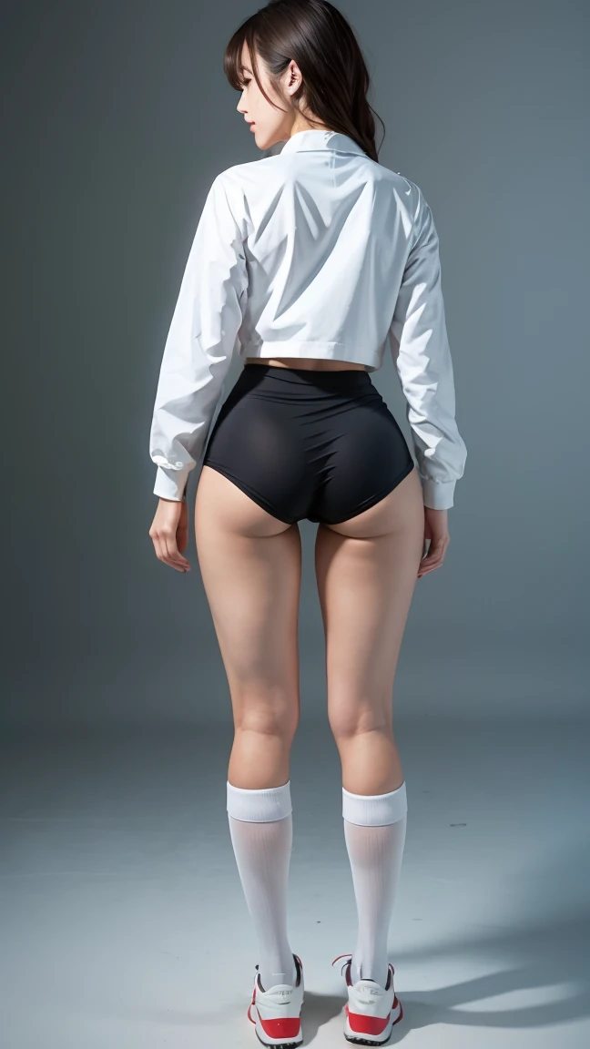 Caucasian punk woman in black shirt and white cotton panties and purple stripe socks, photo realistic, intricate details