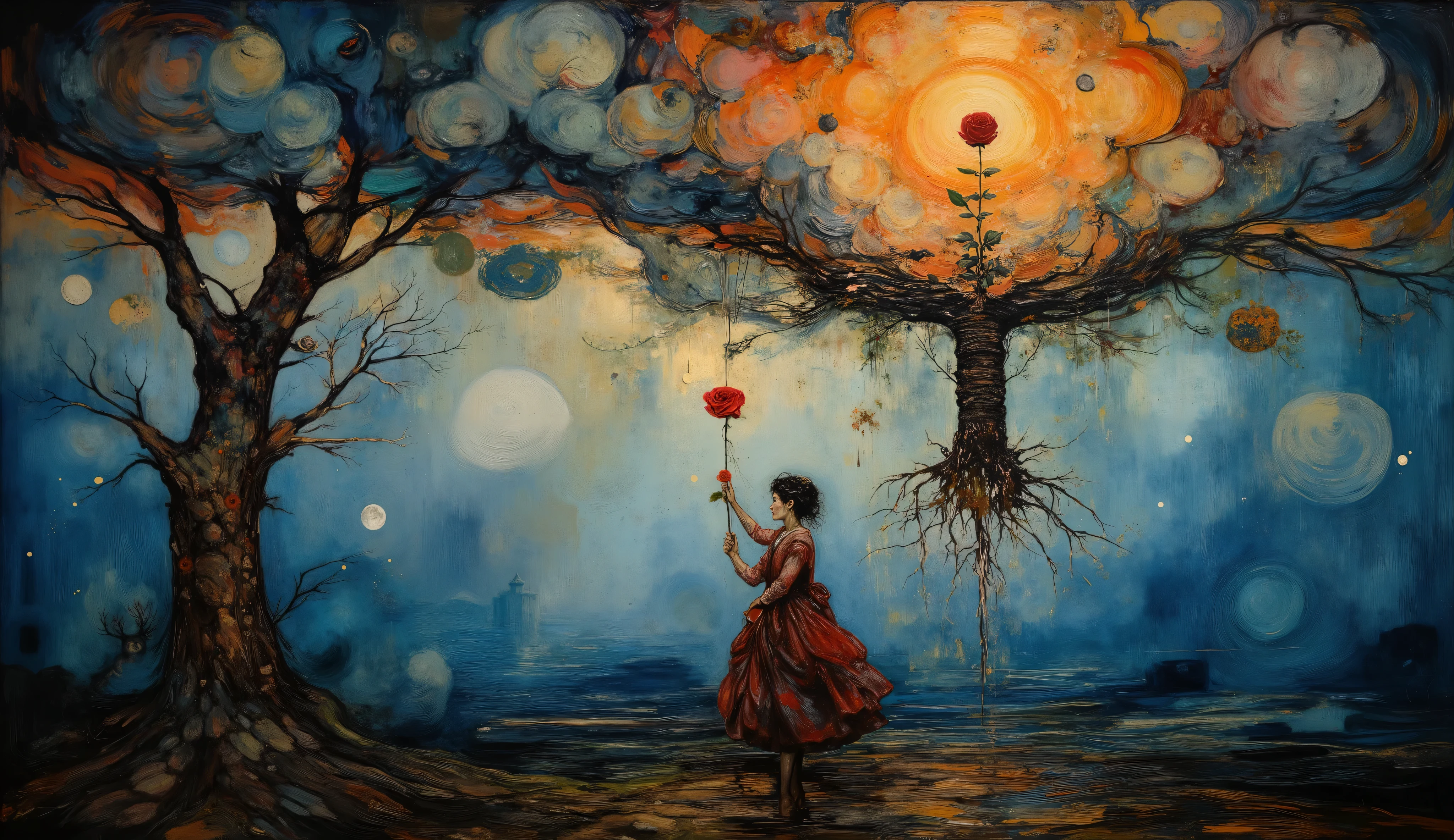 an oil painting of a mystical upside-down world where a reaches for a single red rose on an inverted tree, its roots tangled in the clouds while its leaves brush the earth, inspired by Salvador Dalí, deep rich hues with surrealist tones, the girl's face calm and focused, dramatic chiaroscuro lighting, mysterious and dreamlike ambiance --v 5 --stylize 1000