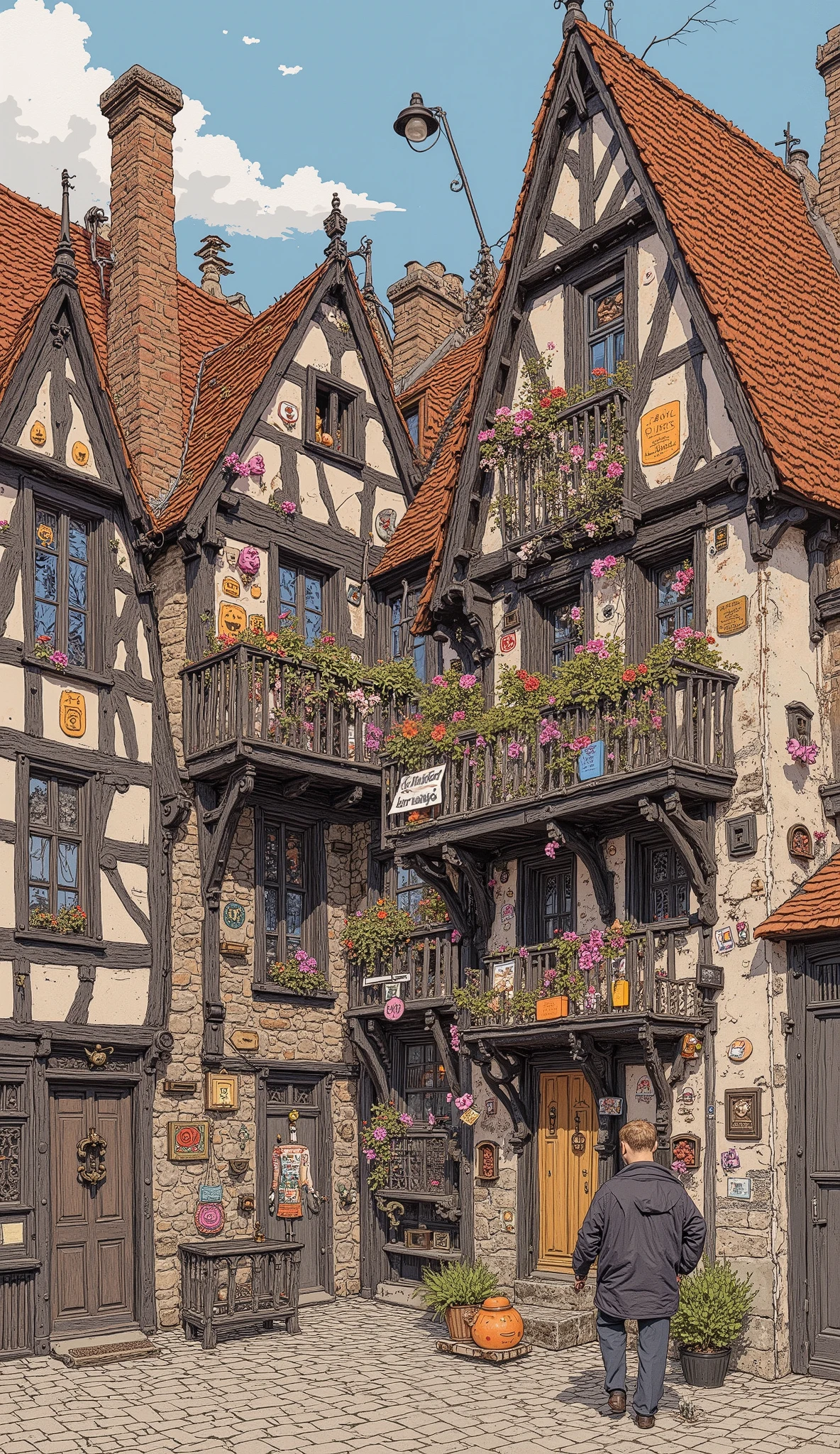 a close up of a picture of a bunch of ,  with faces, European Buildings, , Architectural painting , small ,  French architecture , Detailed Buildings, colorful ,  Small Building , Frenchtown ,  townscape ,  and buildings,  detailed painting by Shen Mao by Gouache , Colorful Buildings, wooden , intricately Detailed Buildings, small window in the barracks 