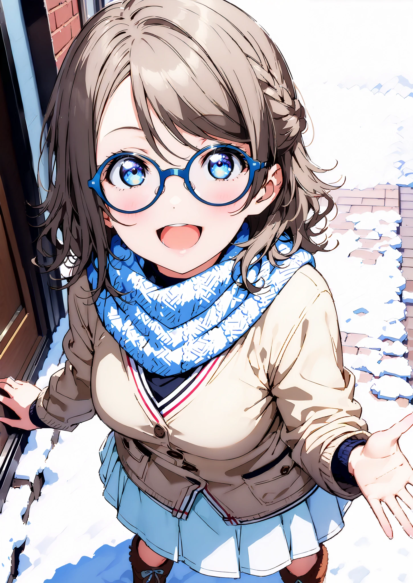 score_9, score_8_up, score_7_up, Alone, 1 girl, Watanabe, short hair,Medium breast,half updo,Glasses,smile,opens her mouth,white breath,blush, duffle coat,(sweater :1.2),( turtleneck:1.2),blue scarf , white long skirt,shoes, snow boots ,snow,morning,standing,full bodyがイラストに入るように,
break outdoors, residential area,
break looking at viewer,full body,
break (masterpiece:1.2),Highest quality , kampala, Unity 8K Wallpaper ,(shape:0.8),( fine, beautiful eyes :1.6),It's a person ,full body写真,CG Details , (perfect hands, complete ),