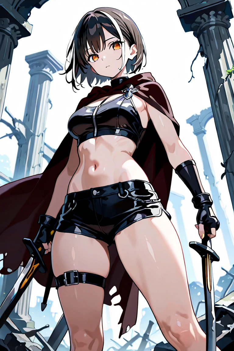 Fantasy, 1 tiny_ Girl, (Loli)++, 10yo, slender_child, cat_ears, Cape,Outdoor,bikini, Shy, (bare_groin,bare_waist)++, hold_huge_sword_hilt, Solo, Thighs, covered_,apart_legs, smile, happy, black_hair, navel_naked, slender_legs,tiny_slender_thighs,dynamic_pose_fighting, open_mouth,