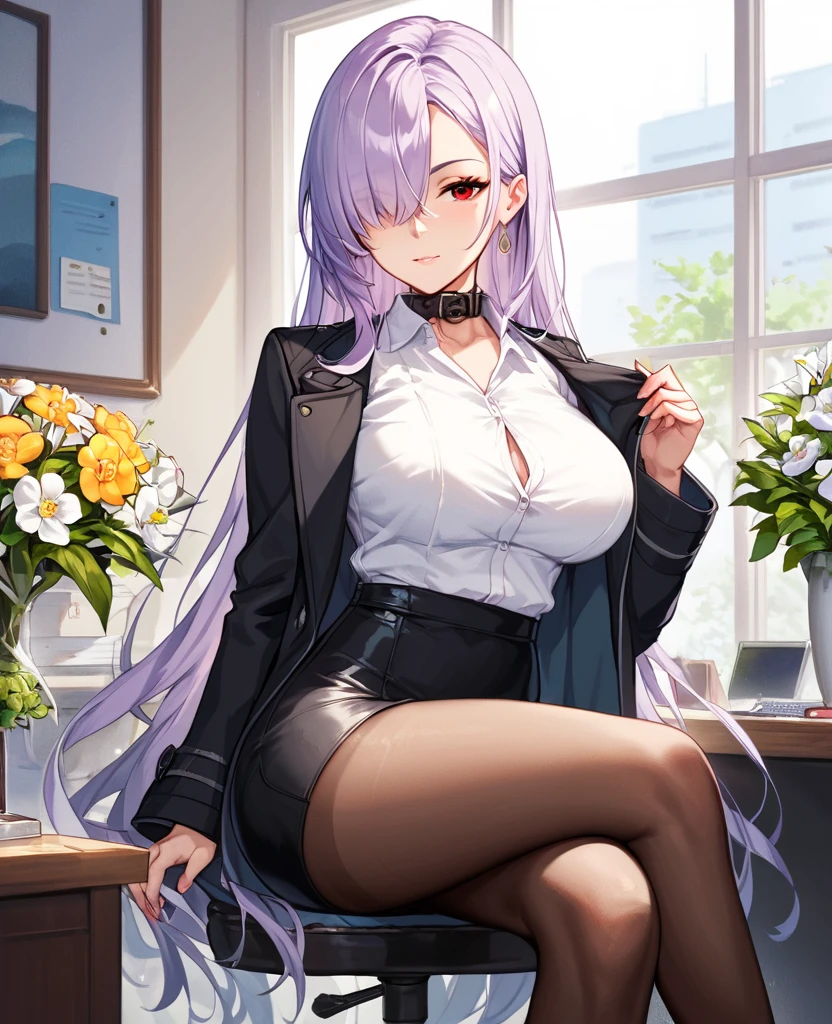 Tang Wutong, big breast, wearing a black blazer white shirt black skirt and black ribbon, sitting in the classroom, high school 