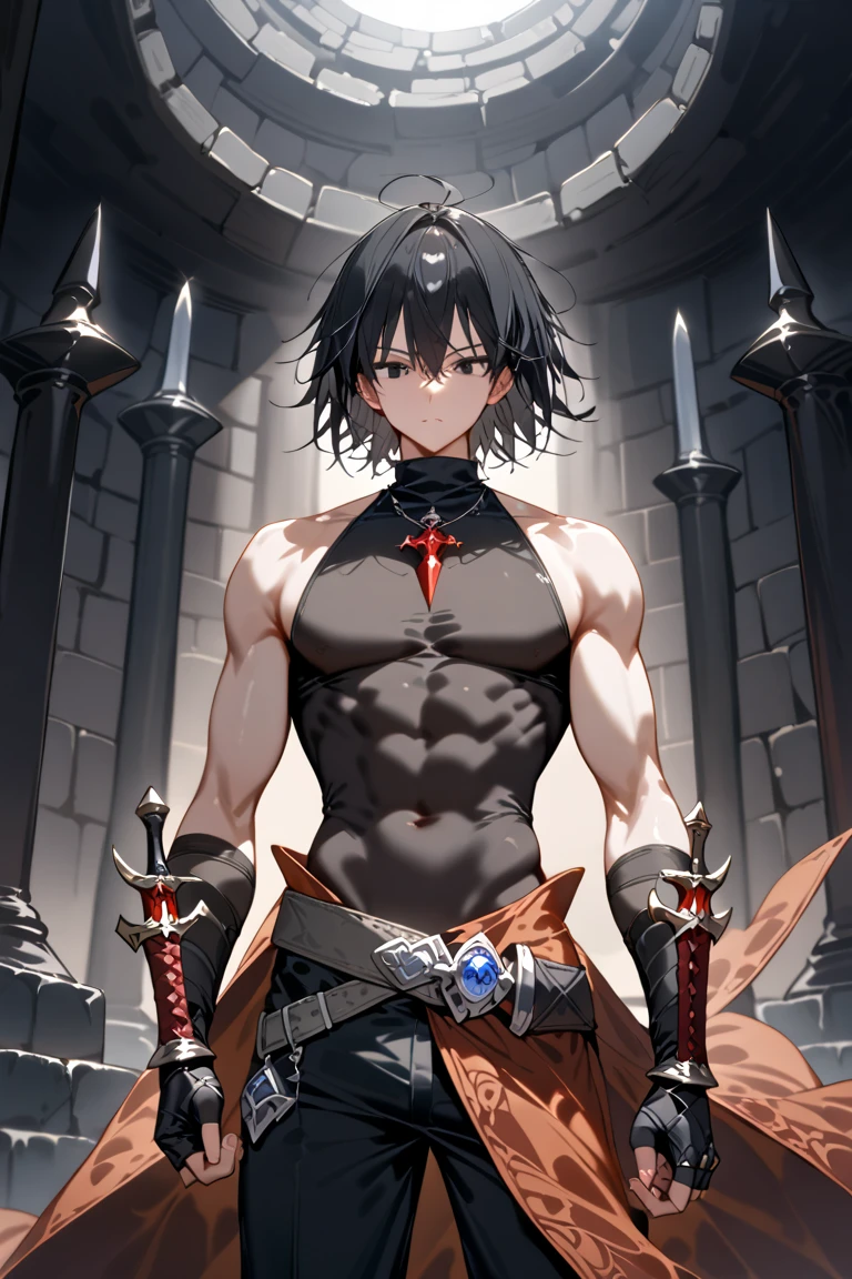boy,without shirt,ready to fight,sword in hand,war background,perfect face ,8k,masterpiece,ultrasharp,shonen