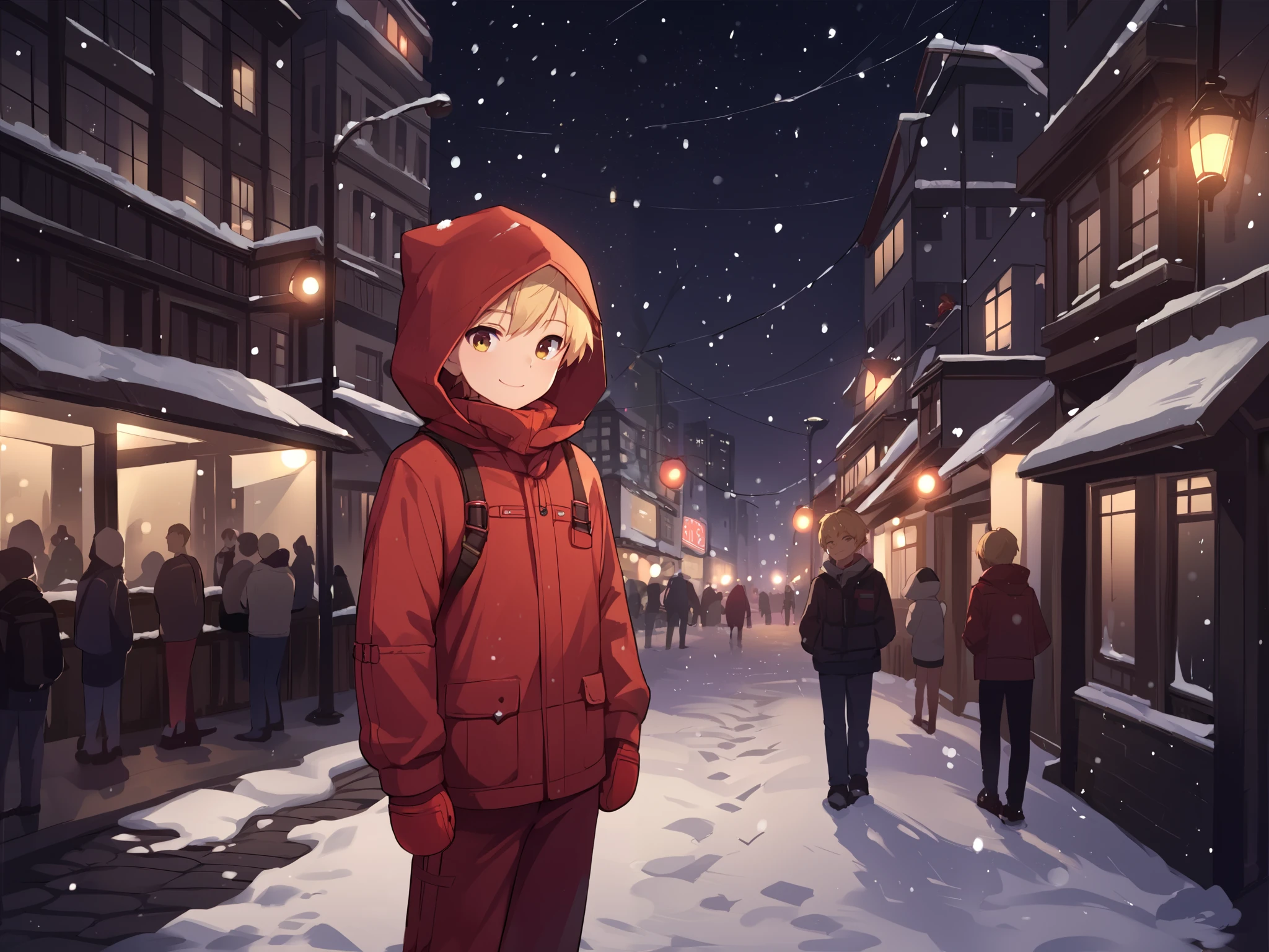 score_9_up, score_8_up, score_7_up, 1boy, solo, source_anime, boy, , ((sfw, rating: general)) BREAK
Red knite, blond hair BREAK
White hood, hood down, long sleeves, red mittens, red pants BREAK
Closed mouth, smile, standing, looking at viewer, falling snow, outdoors, snowing, snow, urban area, city lights, (night, night sky), crowd, faceless people BREAK