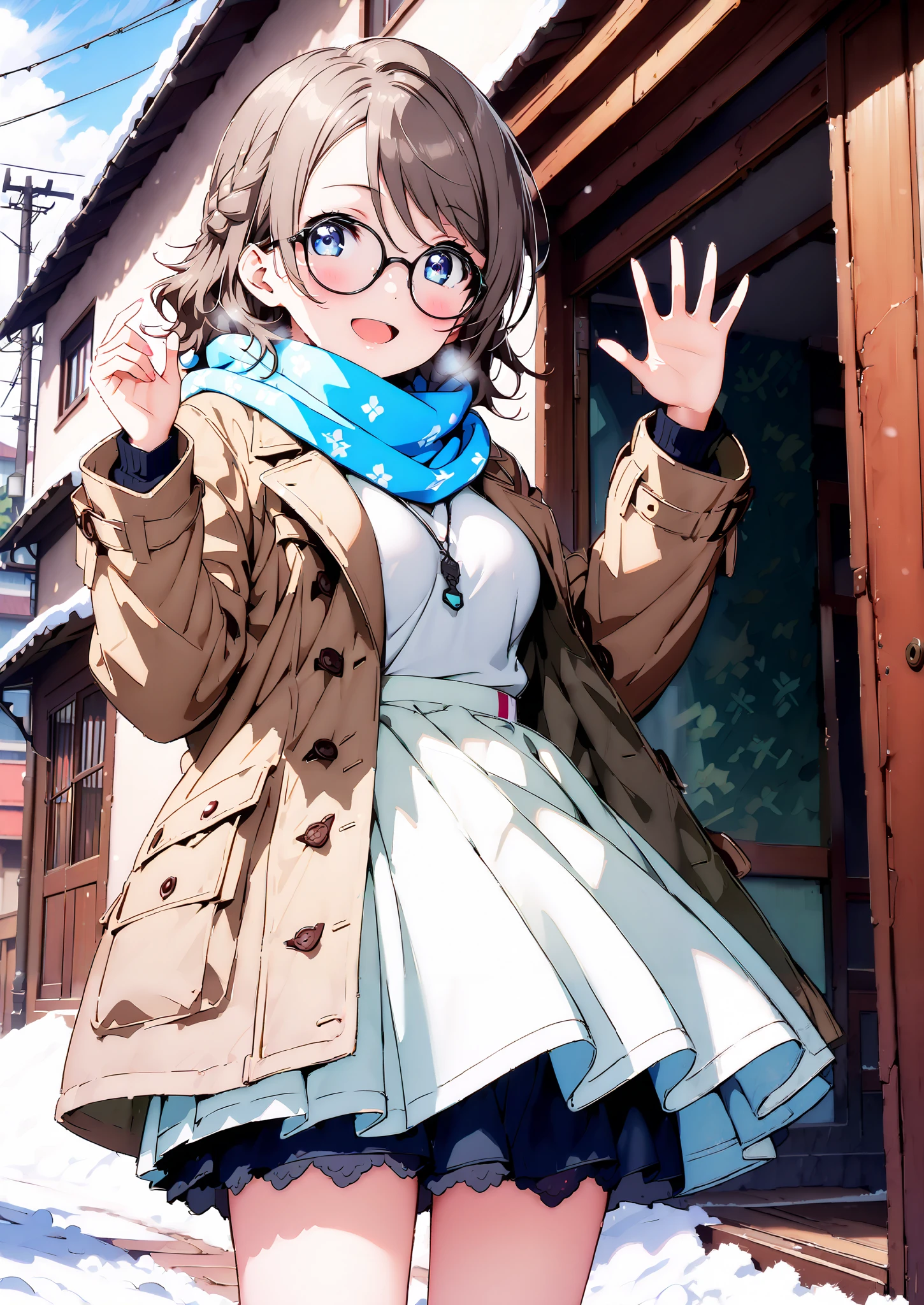 score_9, score_8_up, score_7_up, Alone, 1 girl, Watanabe, short hair,Medium breast,half updo,Glasses,smile,opens her mouth,white breath,blush, duffle coat,(sweater :1.2),( turtleneck:1.2),blue scarf , white long skirt,shoes, snow boots ,snow,morning,standing,full bodyがイラストに入るように,
break outdoors, residential area,
break looking at viewer,full body,
break (masterpiece:1.2),Highest quality , kampala, Unity 8K Wallpaper ,(shape:0.8),( fine, beautiful eyes :1.6),It's a person ,full body写真,CG Details , (perfect hands, complete anatomy),
