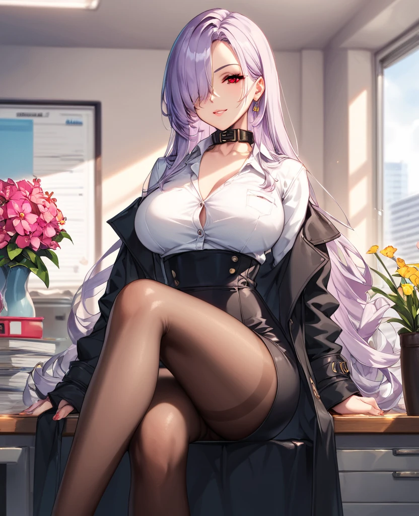 masterpiece, best quality, highres, aafern, long hair, purple hair, blunt bangs, purple eyes, large breasts, <lora:fern_(sousou_no_frieren)_v1:0.7>, office lady, black suit, black necktie, collared shirt, black jacket, black skirt, pantyhose, indoors, sitting, chair, crossed legs,