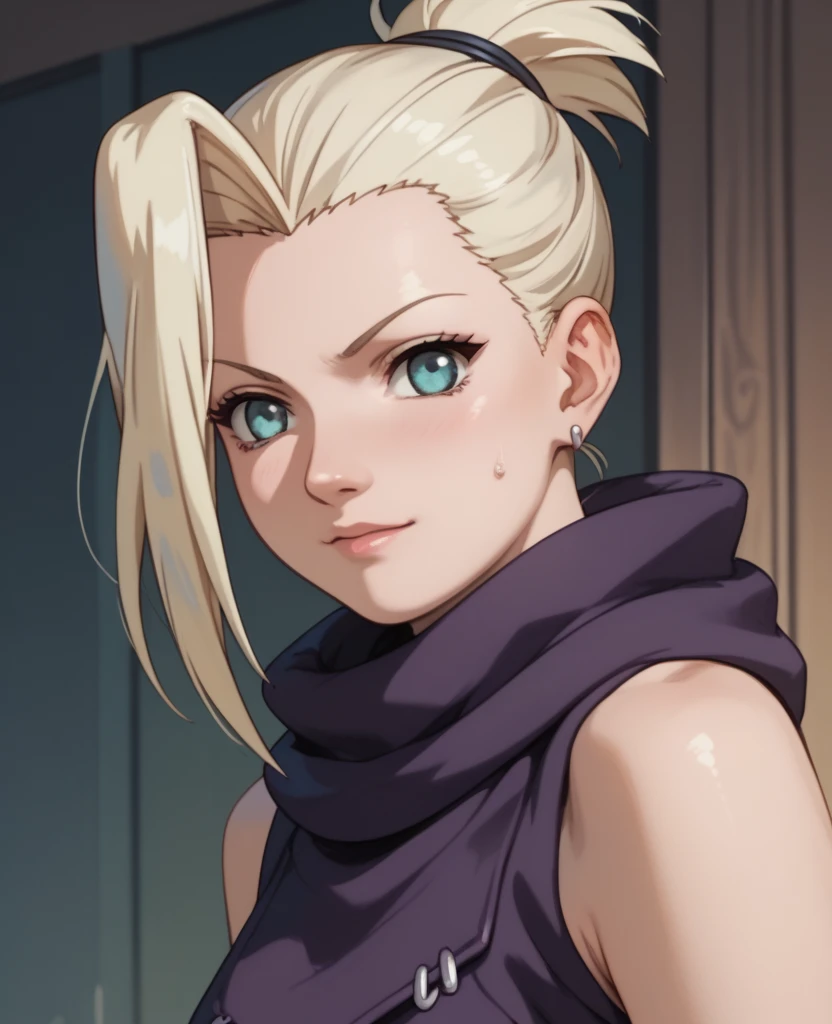 Ino yamanaka, komono, nevando, sitted,Purple clothes,Off-the-shoulder attire,cleavage,ssmile,Be red in the face,inside in room,Close-up close-up,with a good figure