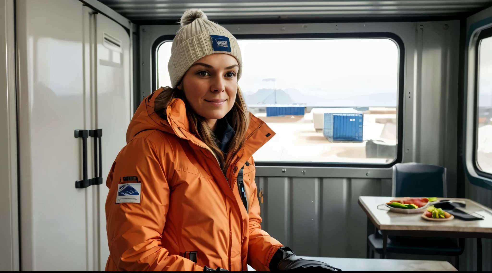 (best_quality, masterpiece:1.2), (highly detailed), (uhd, high_resolution, highres), woman, winter jacket, gloves, cap, looking at viewer, (close-up shot:1.2), living room, interior design, inside a container, intermodal container, industrial design, reinforced steel, iceberg view, chair, table, lamp, electric generator, electric based kitchen, fridge,