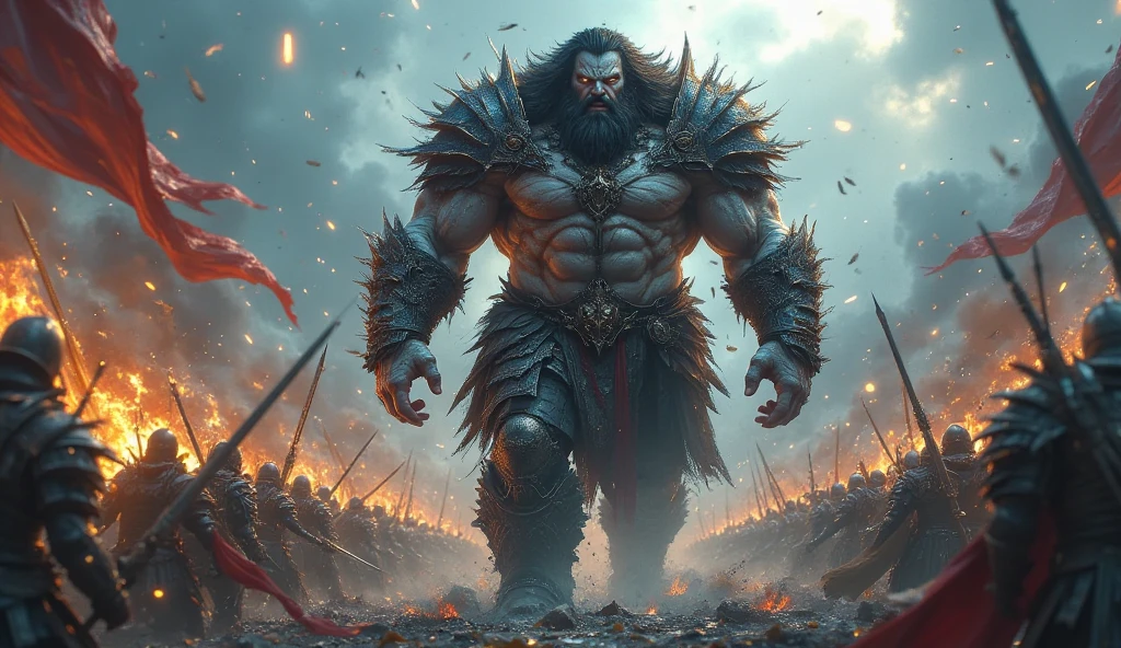 A gigantic Warrior walking alongside a battalion of setting reminiscent of biblical times, an ultra realistic and dramatic illustration