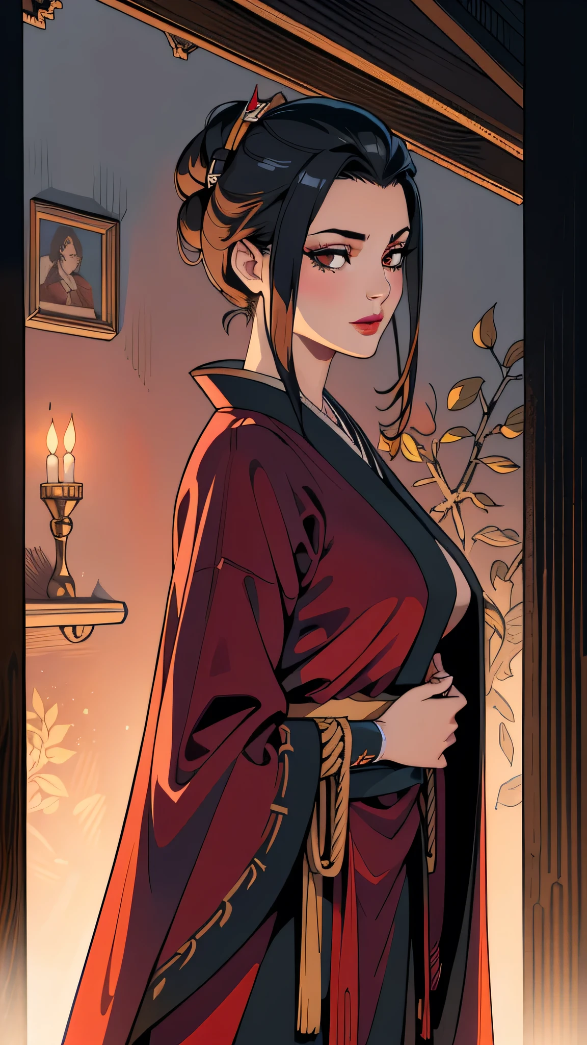 ultra-realistic 8k CG, masterpiece, ((ultra detailed background, fine drawing, intricate details, high detail, fine details of better quality, hyper-detailed face)), (photorealistic: 1.4), beautiful lighting, absurdity, RAW photo, Azula, 1girl, solo, black hair, brown eyes, makeup, lipstick, red lips, single tuft of hair, navel, side strands, hair decoration, ((medium breasts, slim girl, on the chest, a lot of,, on the face)), ((unbuttoned kimono)), ((complex detailed background, inside, dim lighting, capricious lighting, inside the castle, castle wall, inside, medieval castle environment)), erotica, jewelry