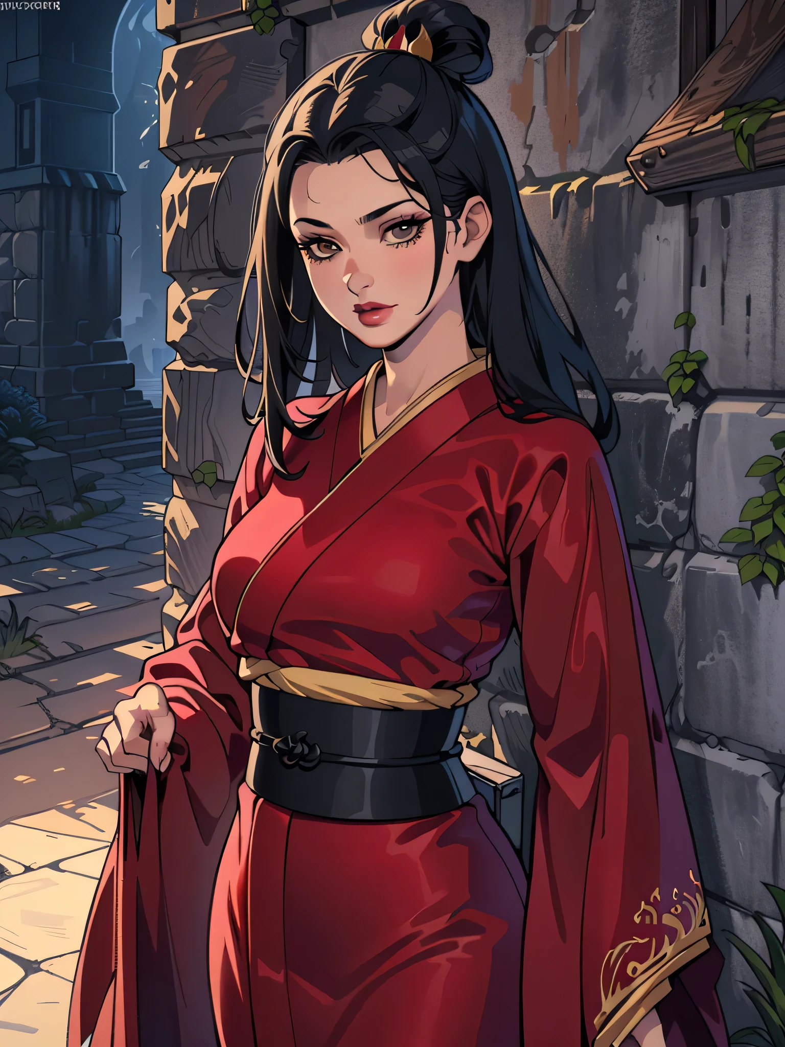 ultra-realistic 8k CG, masterpiece, ((ultra detailed background, fine drawing, intricate details, high detail, fine details of better quality, hyper-detailed face)), (photorealistic: 1.4), beautiful lighting, absurdity, RAW photo, Azula, 1girl, solo, black hair, brown eyes, makeup, lipstick, red lips, single tuft of hair, navel, side strands, hair decoration, ((medium breasts, slim girl, on the chest, a lot of,, on the face)), ((unbuttoned kimono)), ((complex detailed background, inside, dim lighting, capricious lighting, inside the castle, castle wall, inside, medieval castle environment)), erotica, jewelry