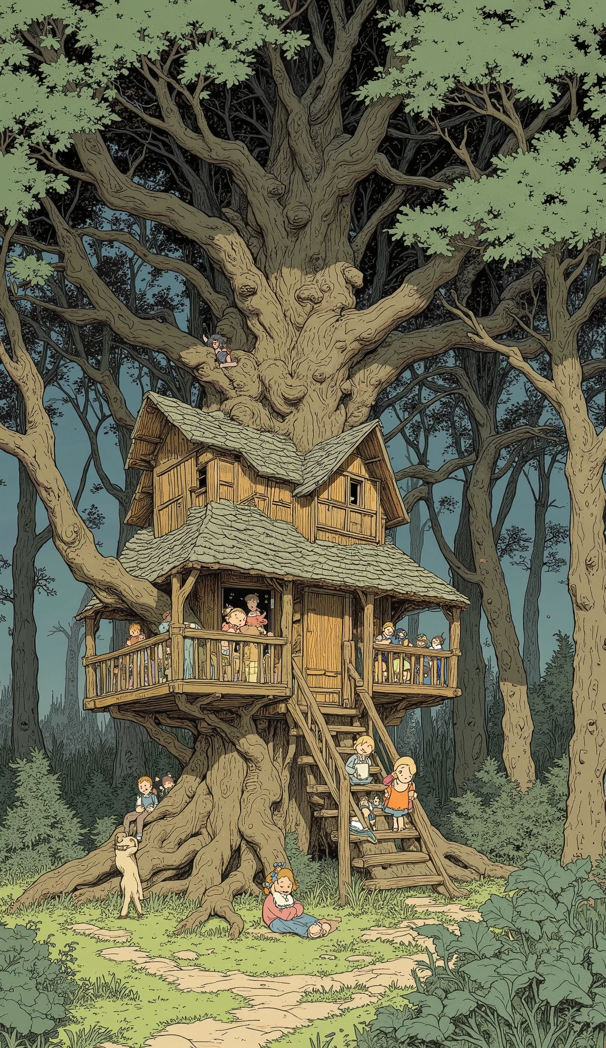 a cartoon drawing of a small Treehouse with a lot of people, full color illustration, fairy tale illustration style , Forest Picnic, Color Spread , Ghibli art style, Official Illustration , Ghibli Studio Art, Ghibli style, by Yoshihiko Wada, Studio Ghibli style anime style, Treehouse, Extremely Detailed Images , Studio Ghibli Plan , Ghibli art style, Wooden House