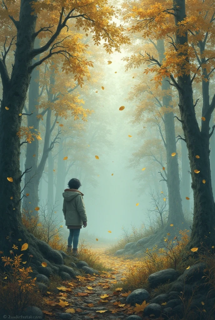 in the morning mist,of the reinforced forest had not fully awakened,was that condensed water,shook off a few yellow leaves,like a letter to the fall。