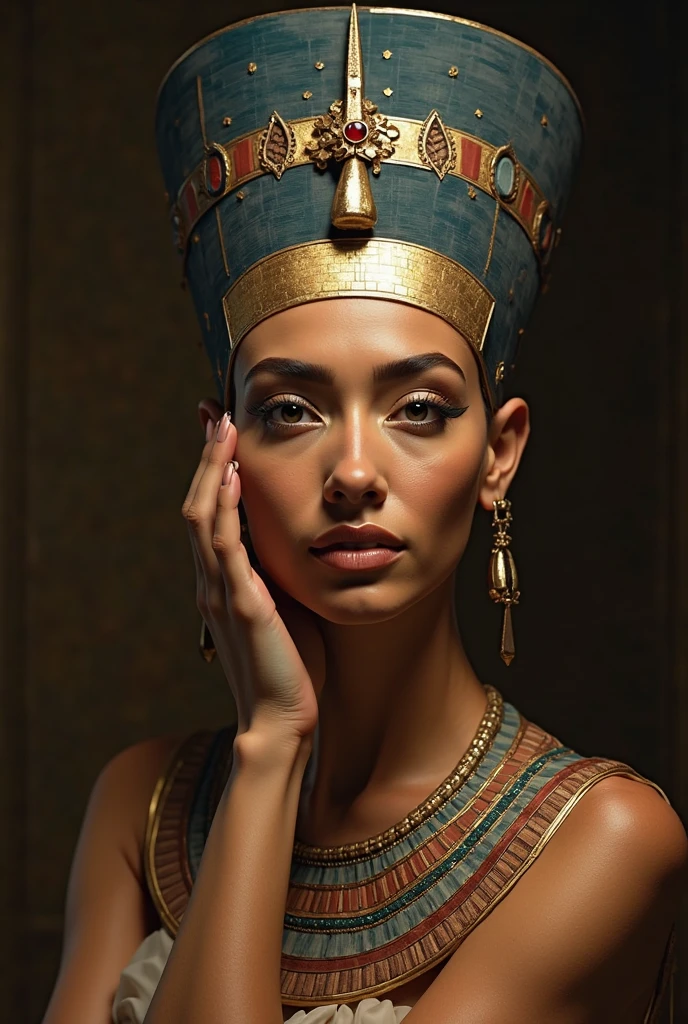 Hatshepsout, femme dun pharaon déguisé en homme de face tres forte et digne, puissante avec un regard profond