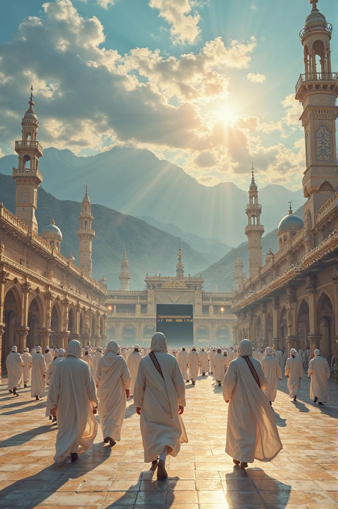 (photorealism:1.2), **Image Prompt:**
"Create an image of a serene, spiritual scene centered around the holy cities of Makkah and Madinah. The image should feature a group of pilgrims dressed in traditional white ihram clothing, peacefully walking towards the Grand Mosque (Masjid al-Haram) in Makkah, with the Kaaba in the background. The surrounding atmosphere should feel sacred and inviting, with soft golden light highlighting the pilgrims' path. In the distance, include an image of the Prophet's Mosque (Al-Masjid an-Nabawi) in Madinah, with its green dome standing out. The mood of the image should convey a sense of tranquility, devotion, and reverence for this holy journey."