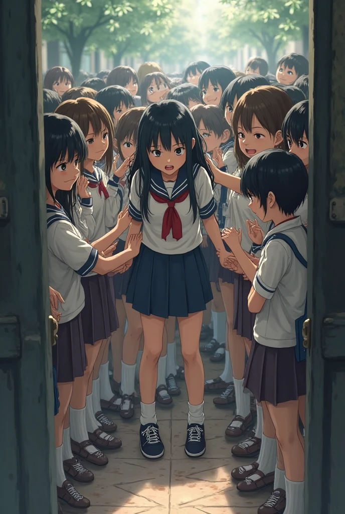 A school girl greeting her friends and a boy sitting alone, highly strung, with a little fear in a classroom