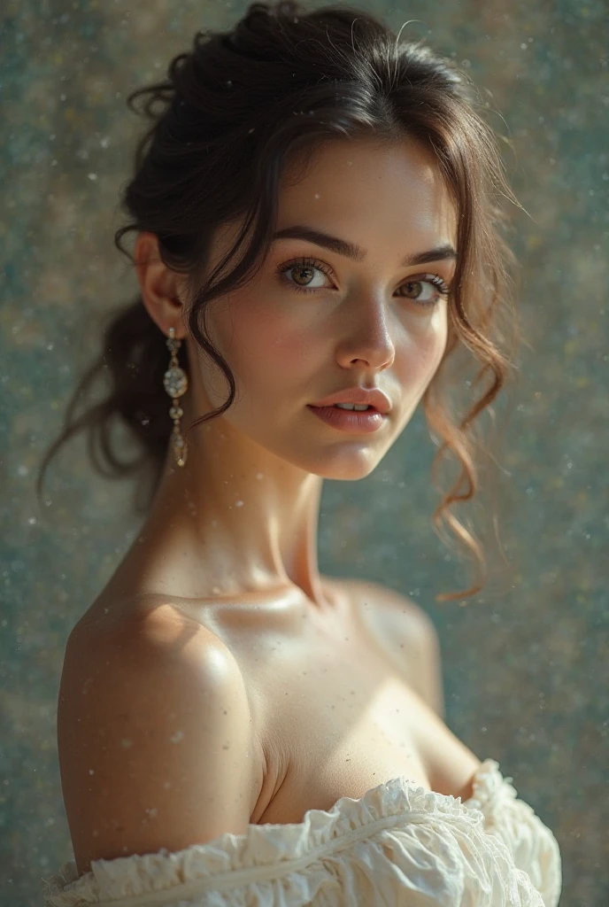 A beautiful, detailed Italian face with bold makeup, a realistic, detailed face, beautiful features, a radiant forehead, trimmed black eyebrows, a beautiful nose like a peak, captivating eyes with lined eyeliner, plump, shiny red lips, hair in a bun, bangs, earrings, complex composition without errors, fine details, bare shoulders, elegant bust, virgin breasts, sweaty chest, velvety beige strapless gown, high-quality UHD 18K shot facing the viewer.)).