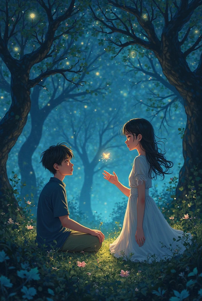 Create an animated image of a couple in the grass, at night, while the boy is lying on the girl's legs.