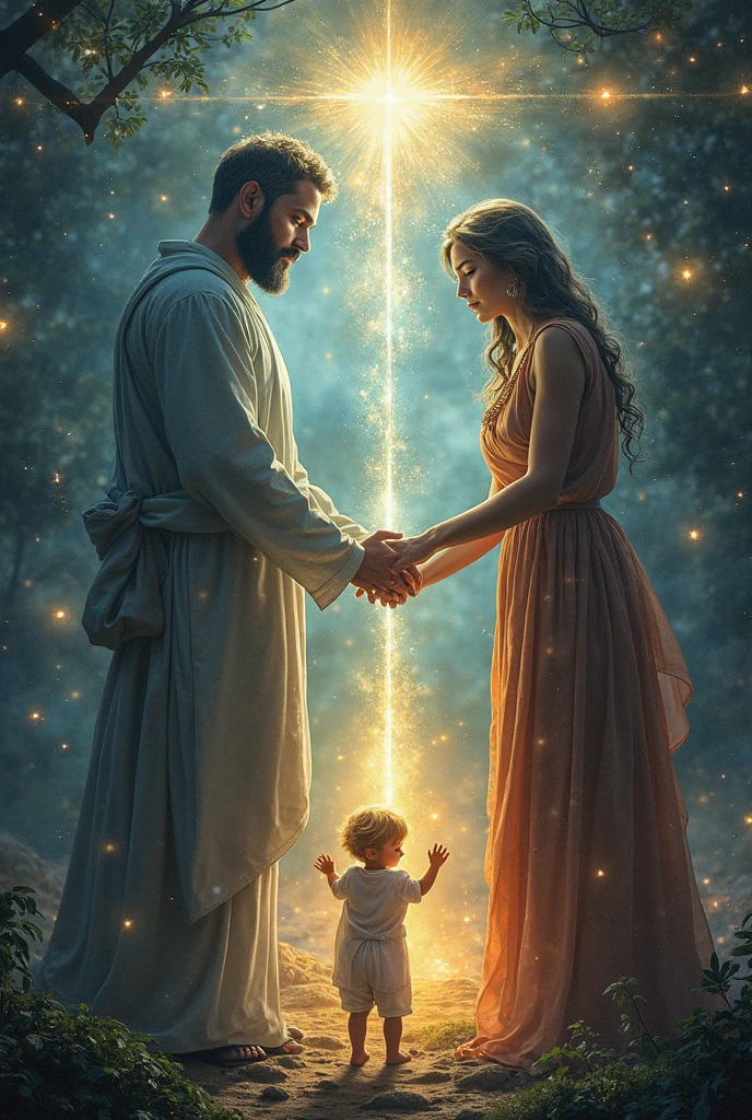 Imagine a spiritual representation where mother, father and son are united, holding hands, immersed in a spiritual existence with luminous tones predominant in red and blue. Esta cena, emocionante e bela, deve ser visualmente impressionante, with stunning detail in 8k resolution.
In the immensity of a starry night sky, com planetas, comets and an entire galaxy, visualize realidades superiores e conceitos elevados, that transcend mathematics, a filosofia, a arte e a beleza. This acrylic painting, capturada com uma lente de 35mm, It must be a cinematic masterpiece in 8k quality, inspirada no estilo marcante de Greg Rutkowski.