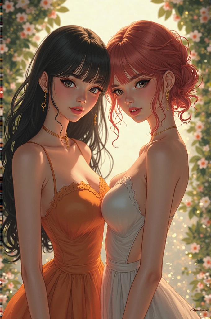 2girls, multiple girls, natural lighting, masterpiece, highly detailed, illustration, game CG, absurdres, high quality, glossy lips, looking at each other, redhead, freckles, lips parted, large breasts, medium breasts, mother and daughter, teenaged girl, MILF, full body, (age gap:1.3)