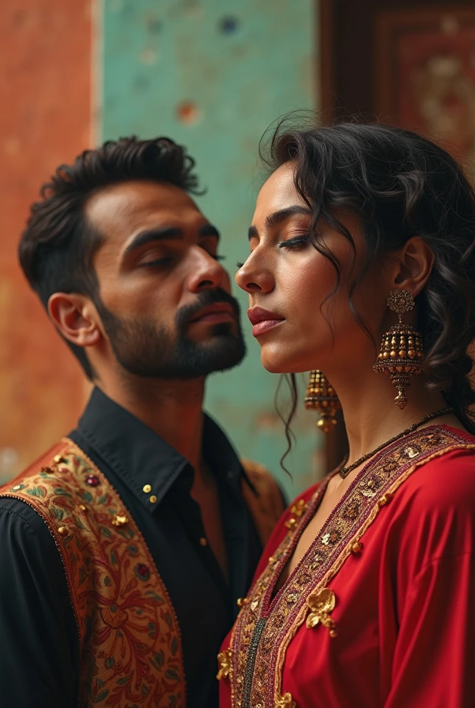 Beautiful women on the eyes, dark haired, muscular, with half-naked Indian clothing, kissing the lips of Sultan Malek Shah, Seljuk